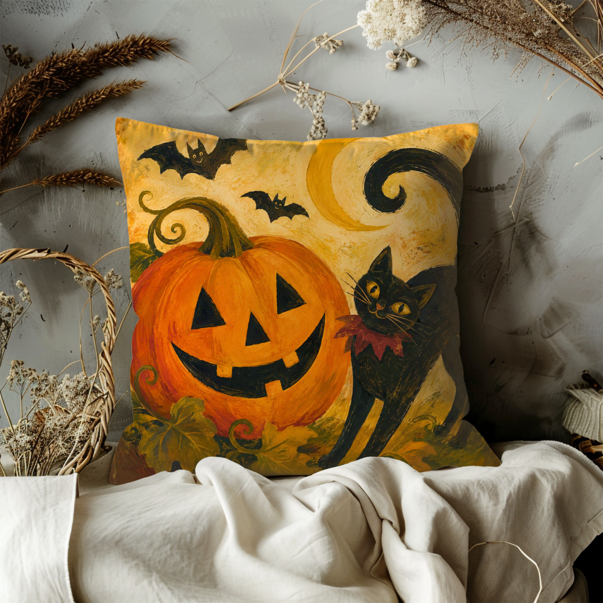 Black Cat Jack O Lantern Pillow Cover | Halloween Art | Spooky Autumn Decor