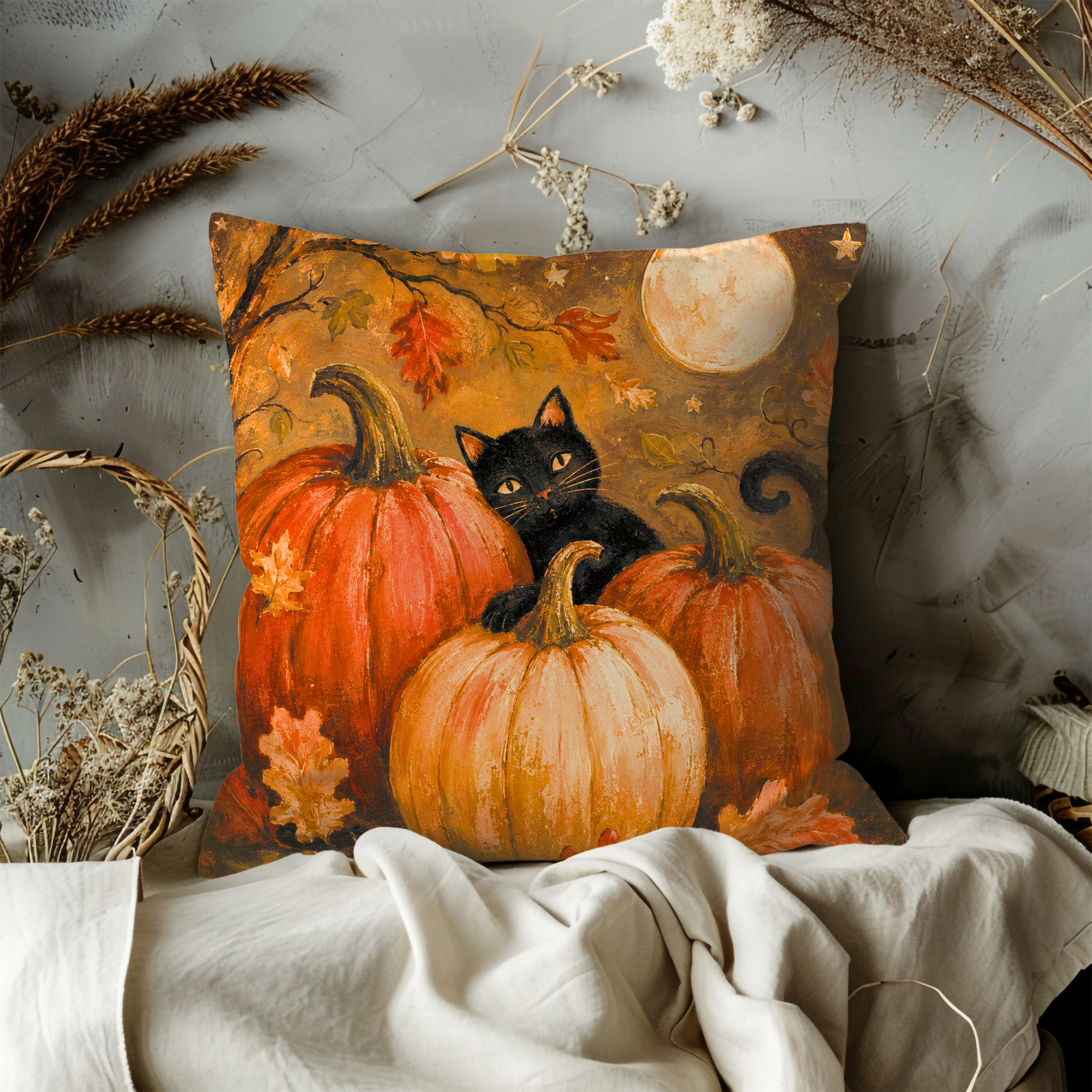 Black Cat Peeking Pumpkins Moon Pillow Cover | Halloween Art | Cozy Autumn Decor