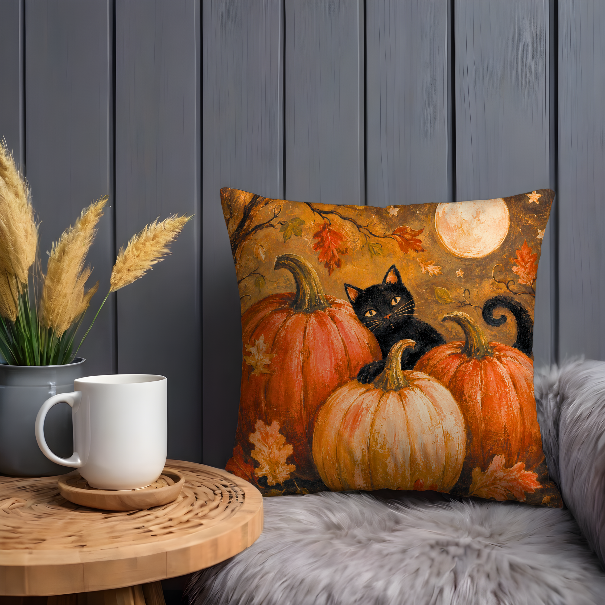 Black Cat Peeking Pumpkins Moon Pillow Cover | Halloween Art | Cozy Autumn Decor