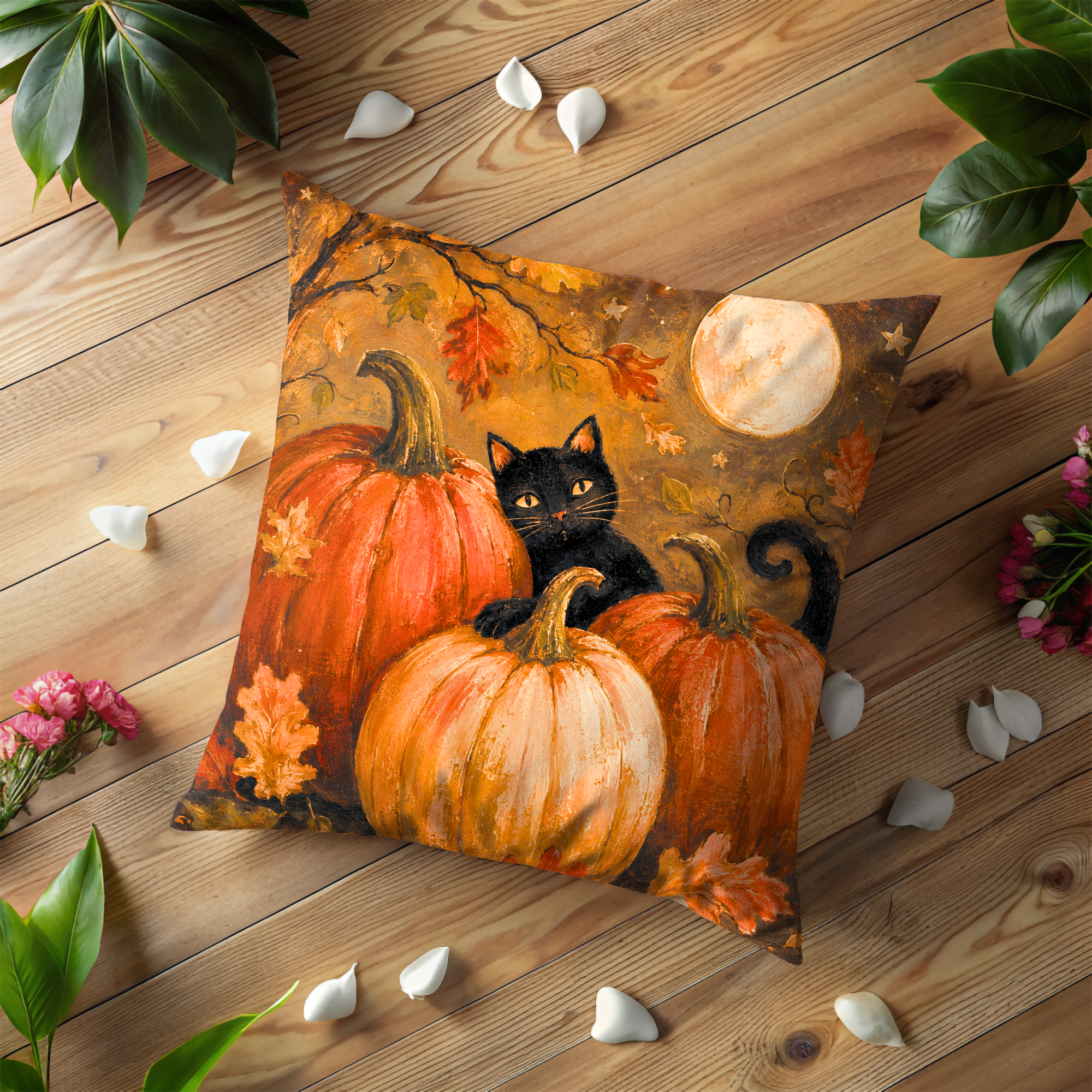 Black Cat Peeking Pumpkins Moon Pillow Cover | Halloween Art | Cozy Autumn Decor