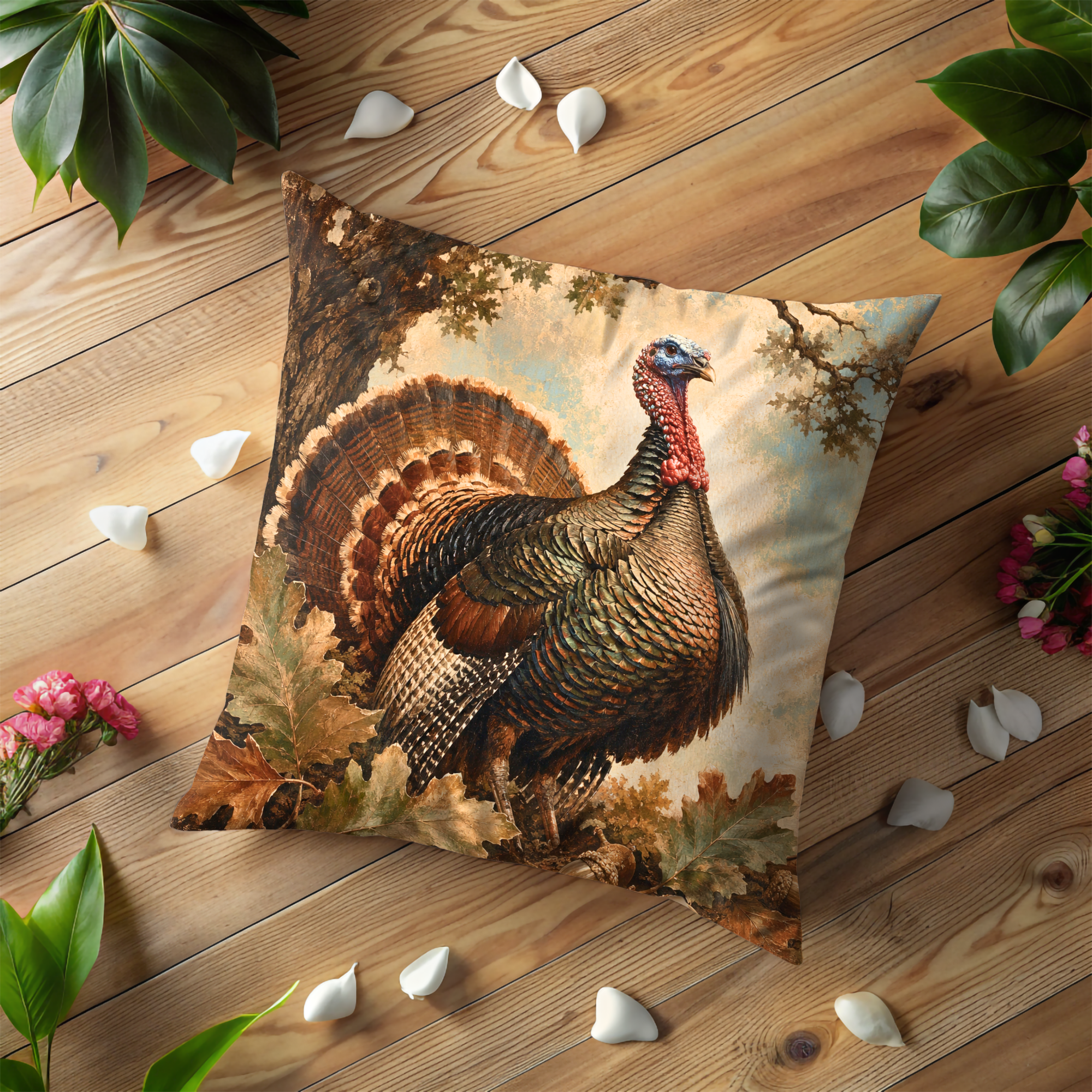 Wild Turkey Oak Leaves Pillow Cover | Autumn Woodland Art | Cozy Harvest Decor