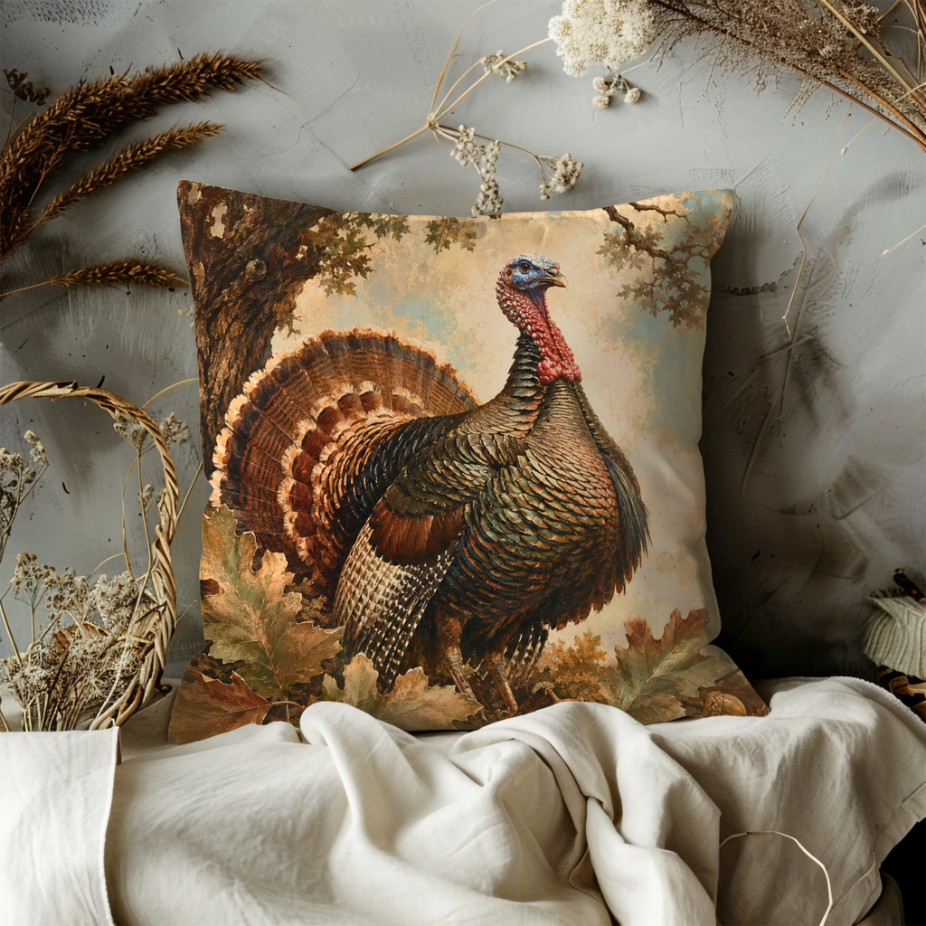 Wild Turkey Oak Leaves Pillow Cover | Autumn Woodland Art | Cozy Harvest Decor