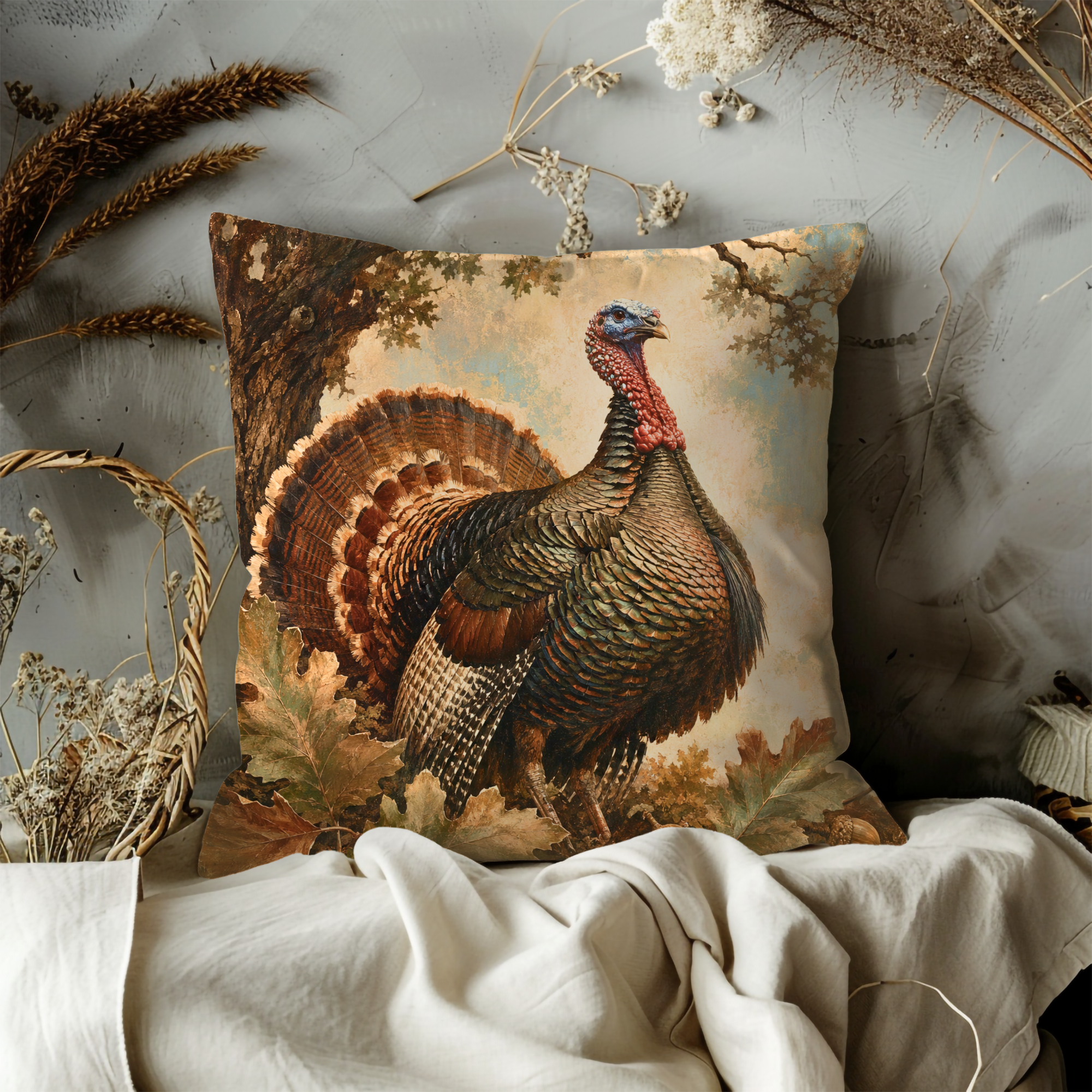 Wild Turkey Oak Leaves Pillow Cover | Autumn Woodland Art | Cozy Harvest Decor