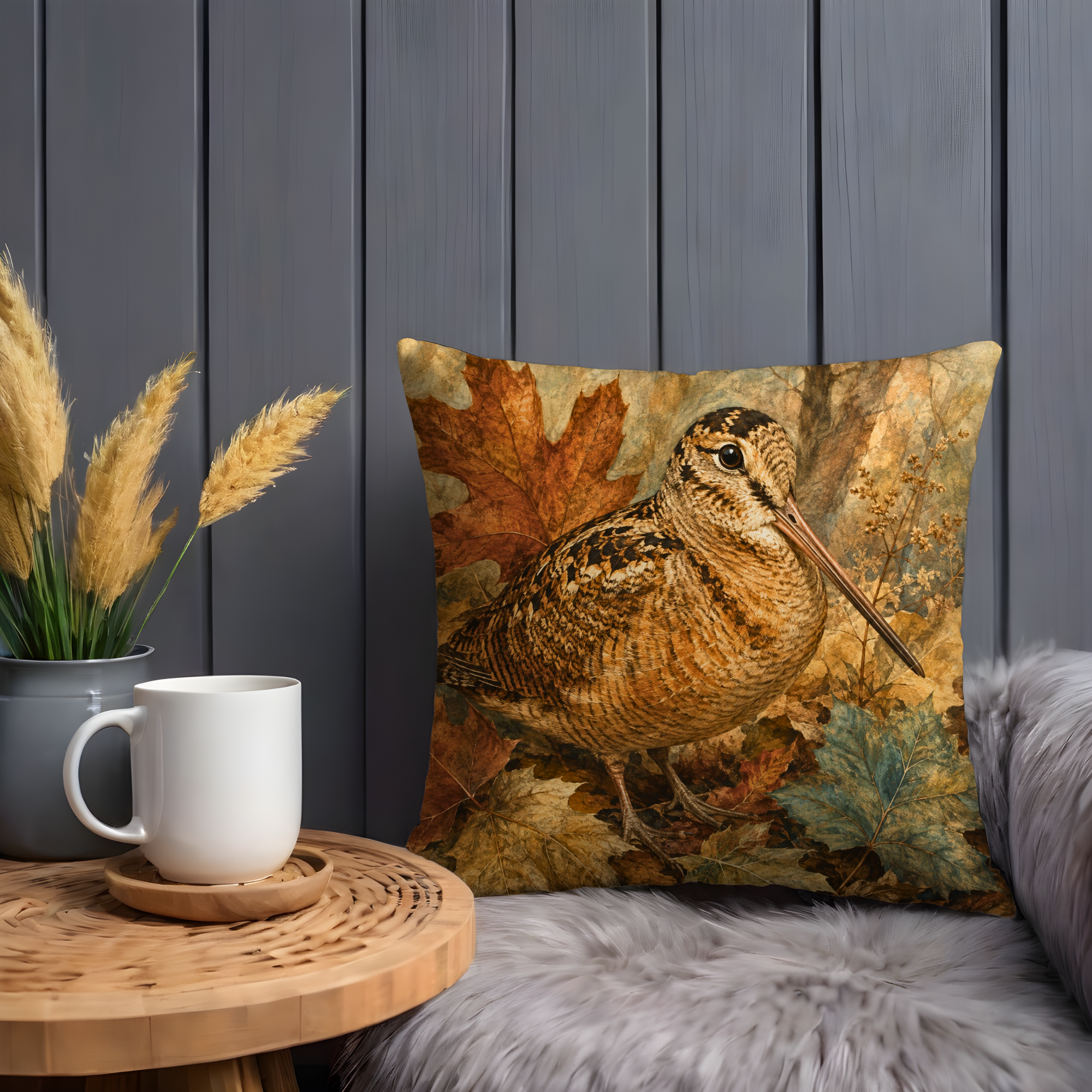 Woodcock Autumn Leaves Pillow Cover | Wildlife Woodland Art | Cozy Fall Decor