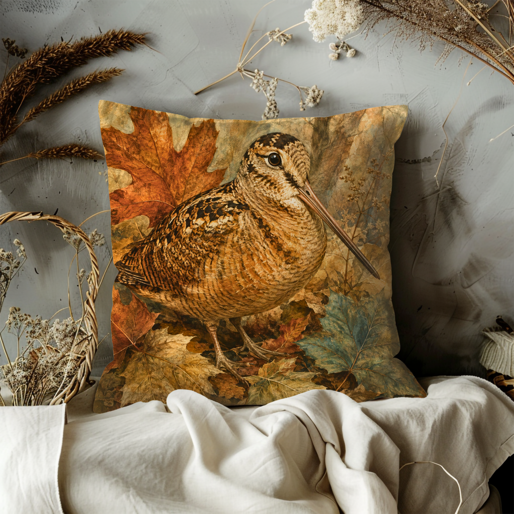 Woodcock Autumn Leaves Pillow Cover | Wildlife Woodland Art | Cozy Fall Decor
