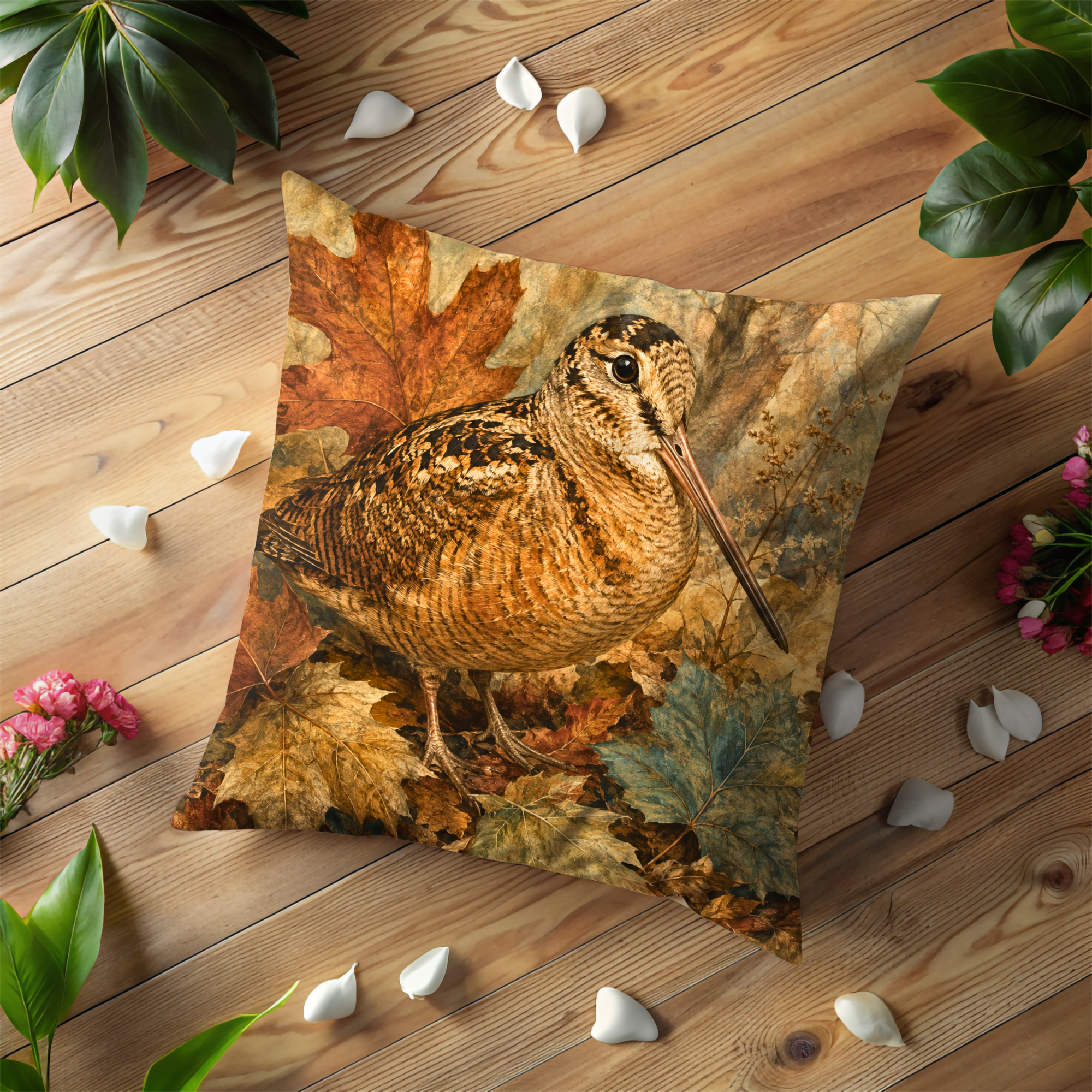 Woodcock Autumn Leaves Pillow Cover | Wildlife Woodland Art | Cozy Fall Decor