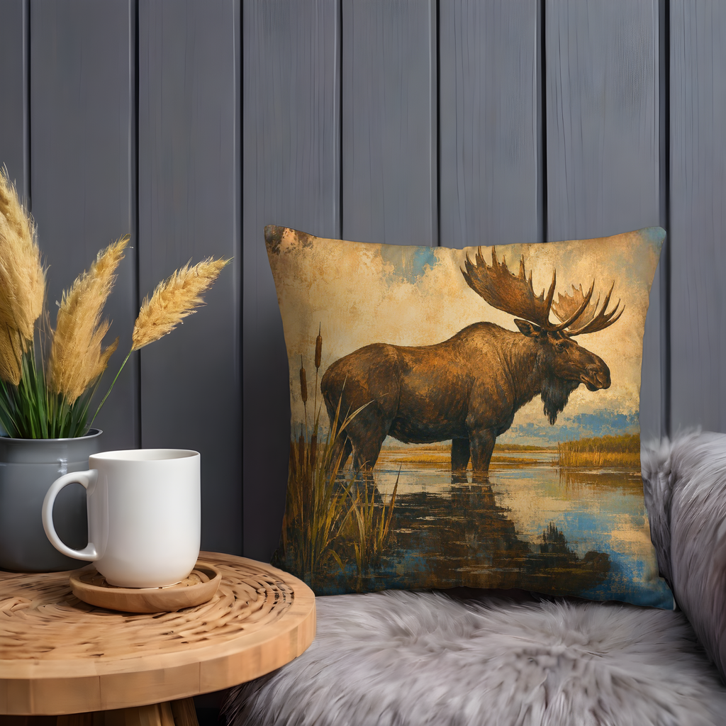 Moose Marsh Reflection Pillow Cover | Wildlife Woodland Art | Cozy Autumn Decor