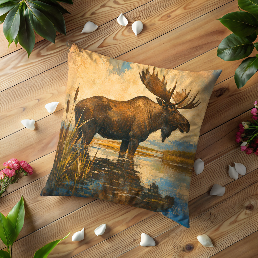 Moose Marsh Reflection Pillow Cover | Wildlife Woodland Art | Cozy Autumn Decor