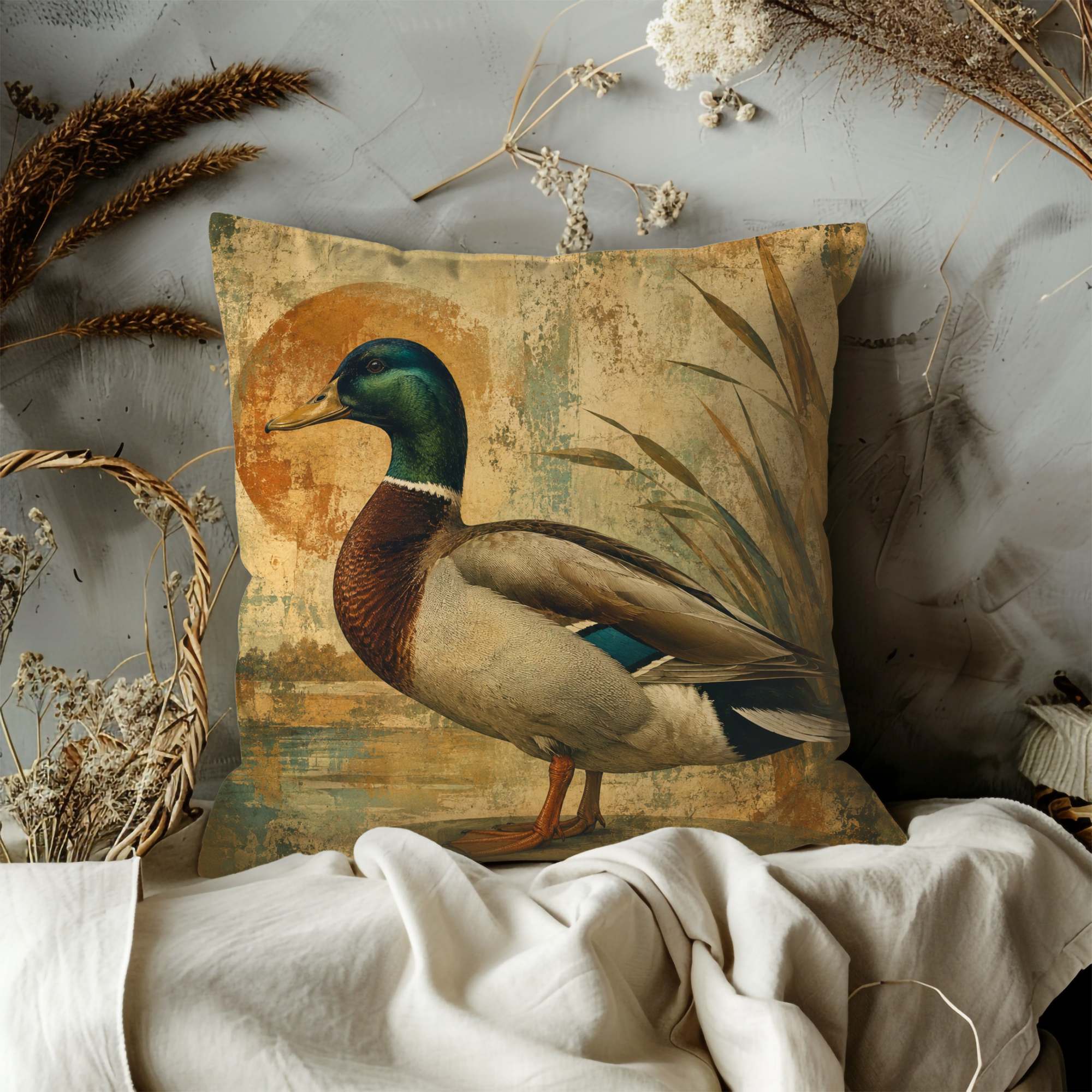 Mallard Duck Golden Sun Pillow Cover | Wildlife Wetland Art | Cozy Nature Decor