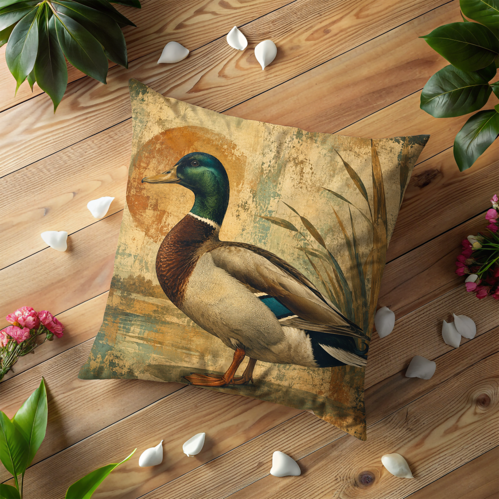 Mallard Duck Golden Sun Pillow Cover | Wildlife Wetland Art | Cozy Nature Decor