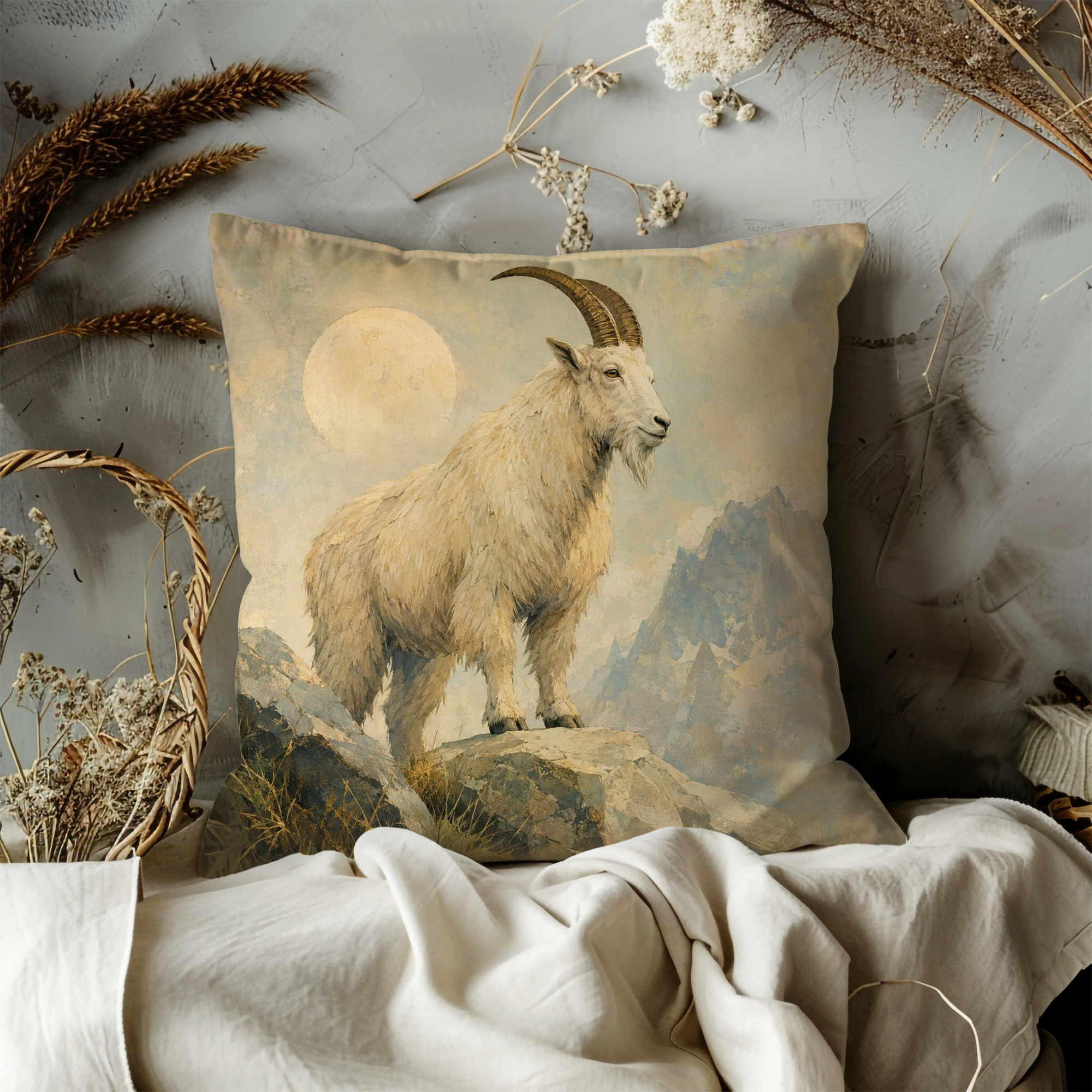 Mountain Goat Moon Pillow Cover | Textured Alpine Wildlife Art