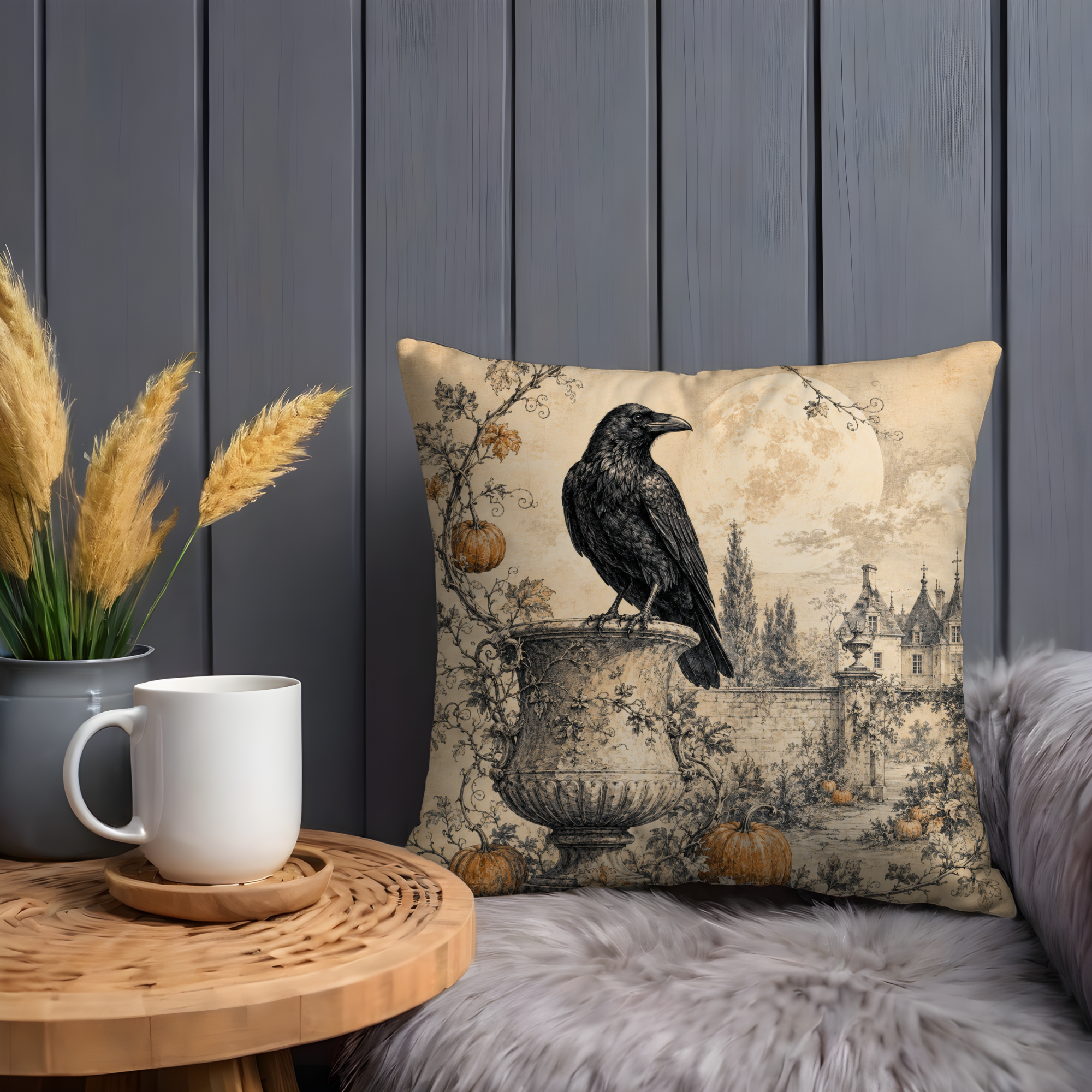 Raven Pumpkin Moon Pillow Cover | Gothic Autumn Art | Classic Halloween Decor