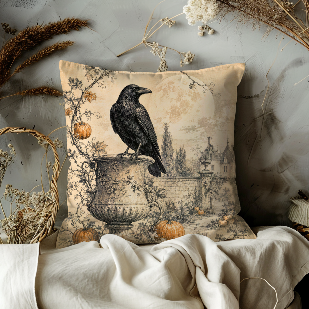Raven Pumpkin Moon Pillow Cover | Gothic Autumn Art | Classic Halloween Decor