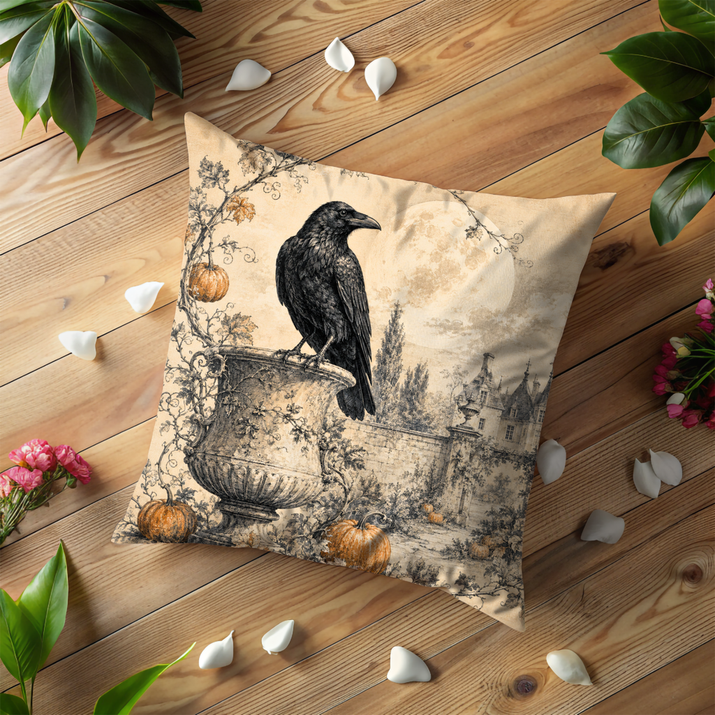 Raven Pumpkin Moon Pillow Cover | Gothic Autumn Art | Classic Halloween Decor
