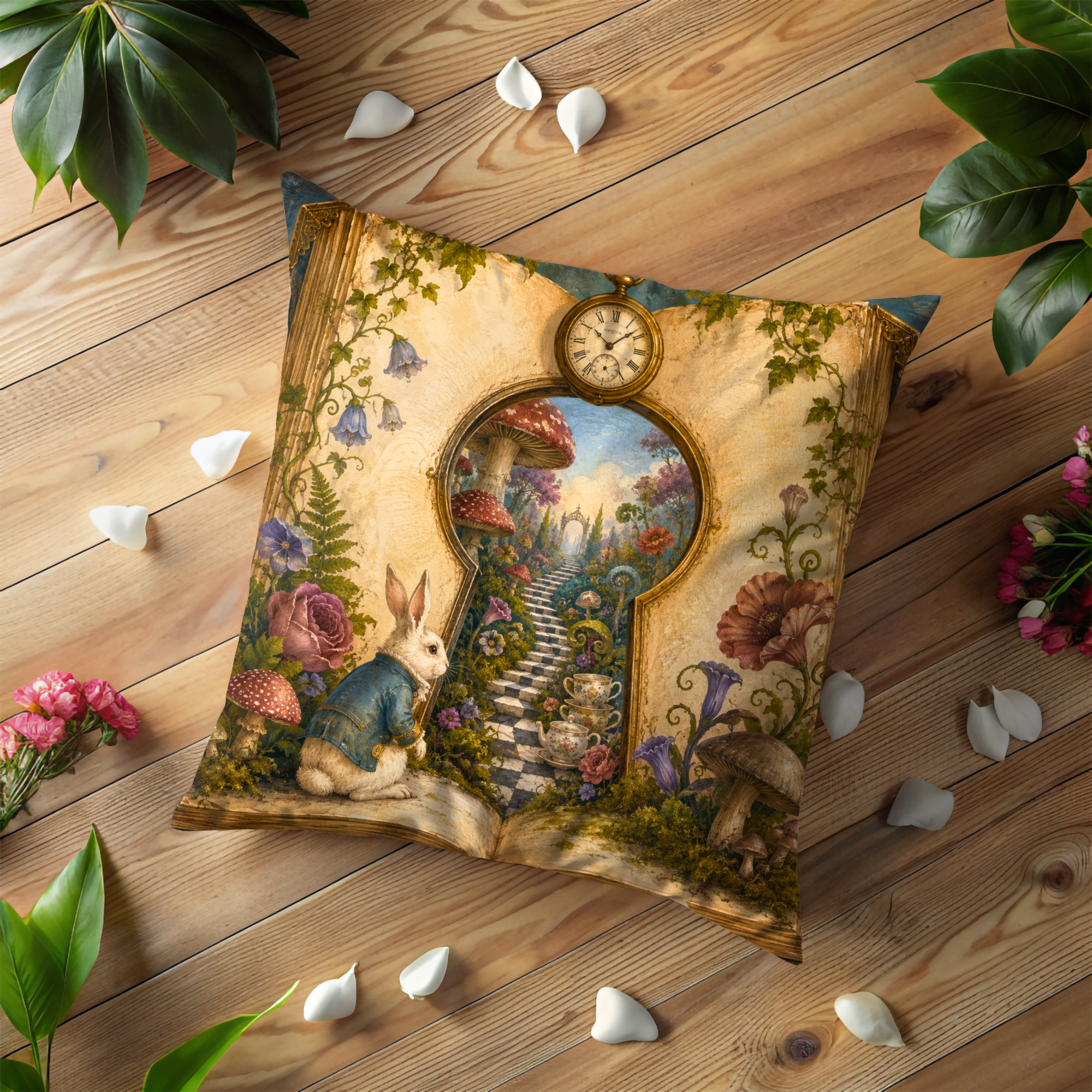 White Rabbit Keyhole Garden Pillow Cover | Alice Wonderland Art | Magical Fantasy Decor