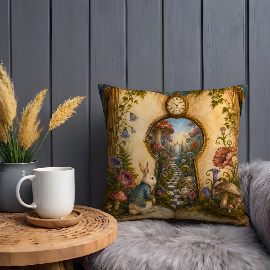 White Rabbit Keyhole Garden Pillow Cover | Alice Wonderland Art | Magical Fantasy Decor