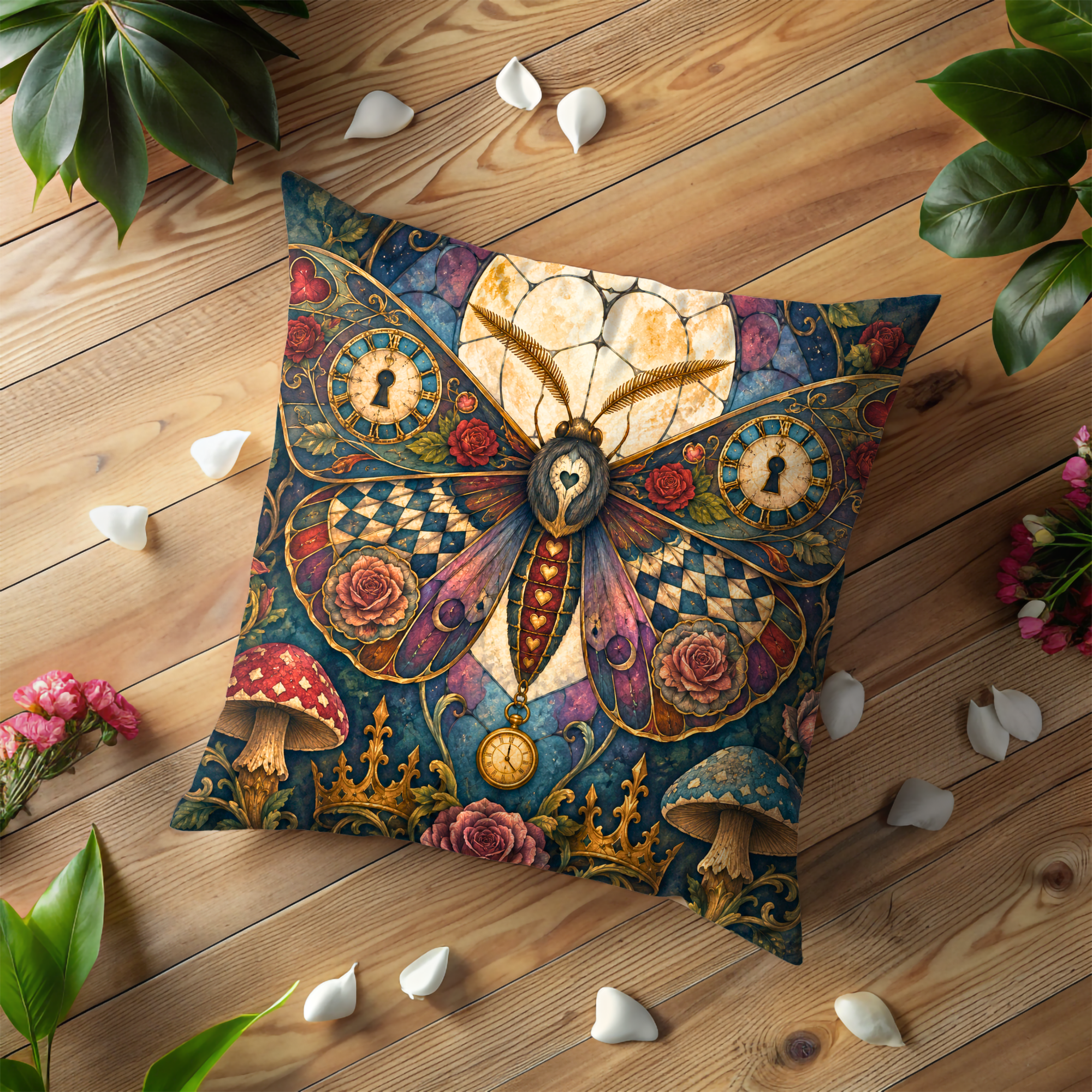 Clockwork Moth Wonderland Pillow Cover | Steampunk Fantasy Art | Magical Gothic Decor