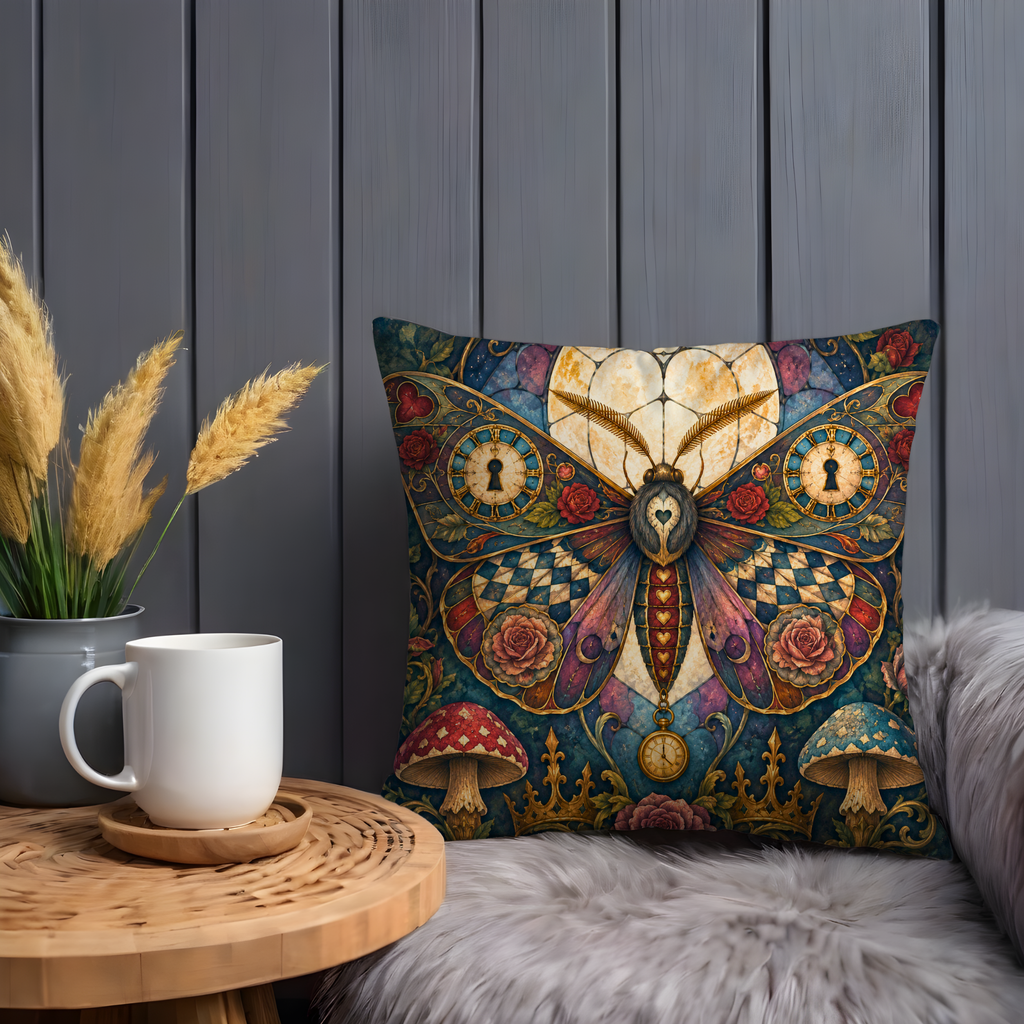 Clockwork Moth Wonderland Pillow Cover | Steampunk Fantasy Art | Magical Gothic Decor