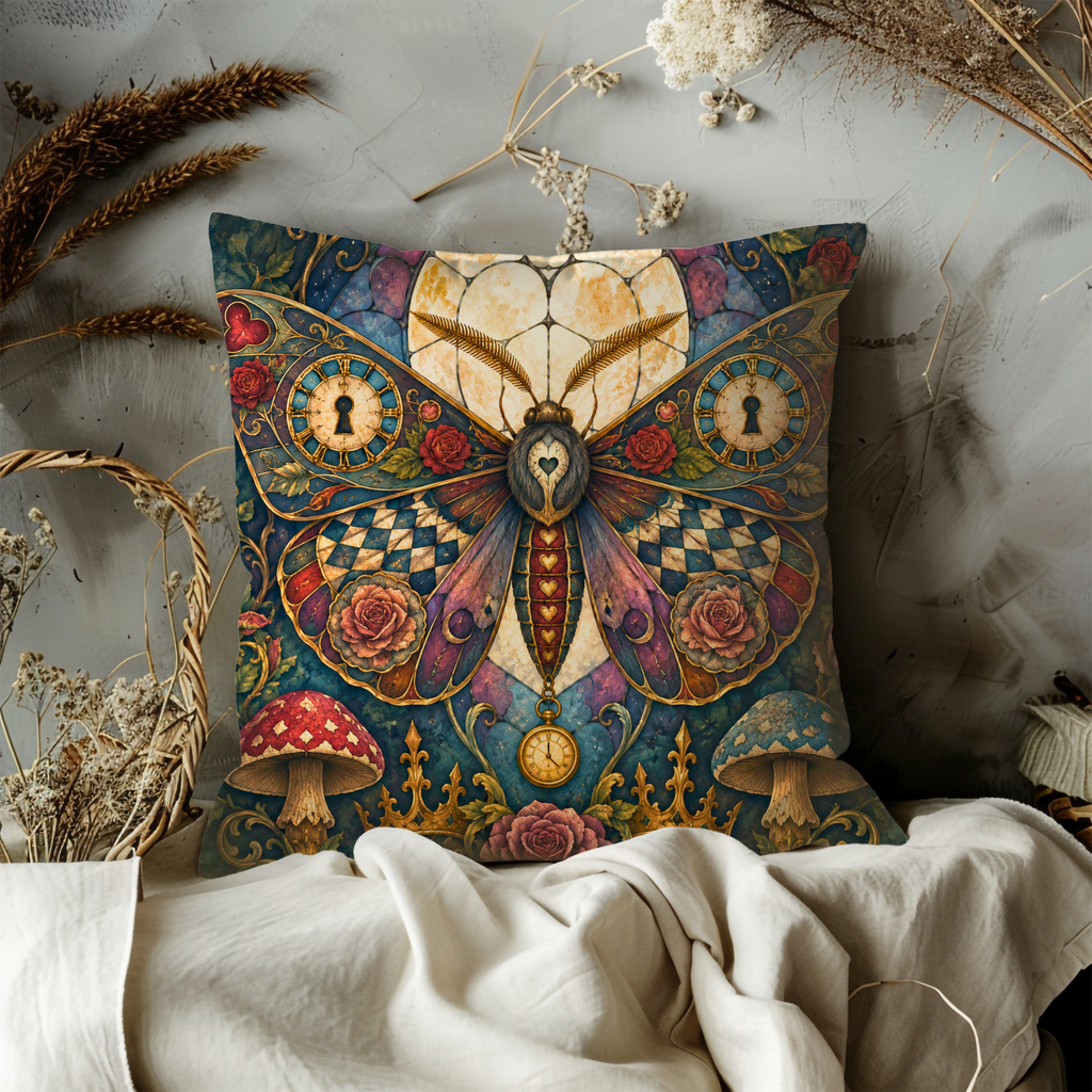 Clockwork Moth Wonderland Pillow Cover | Steampunk Fantasy Art | Magical Gothic Decor