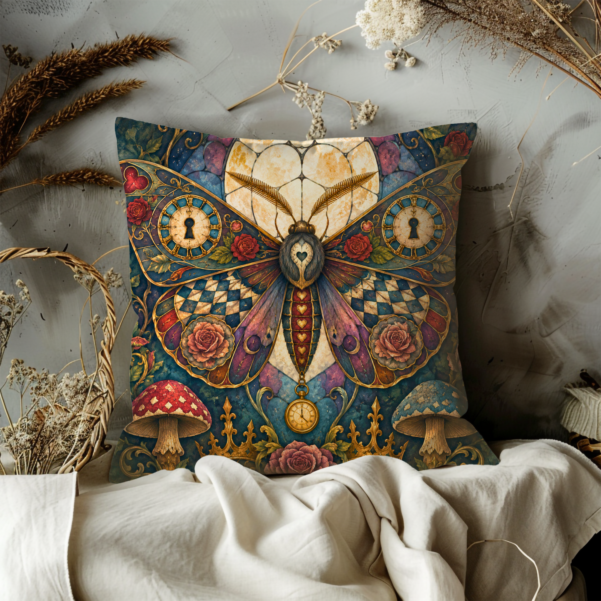 Clockwork Moth Wonderland Pillow Cover | Steampunk Fantasy Art | Magical Gothic Decor