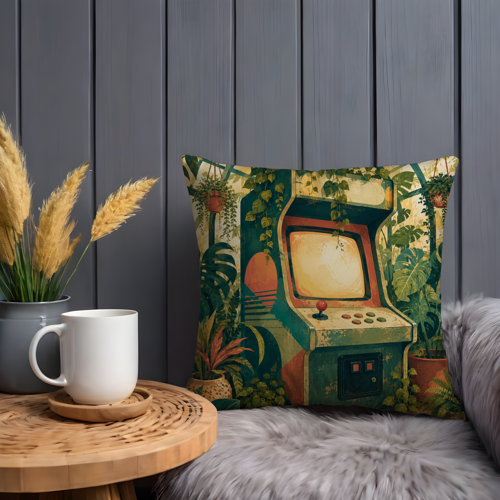 Arcade Cabinet Jungle Pillow Cover | Retro Gamer Art | Tropical Geek Decor