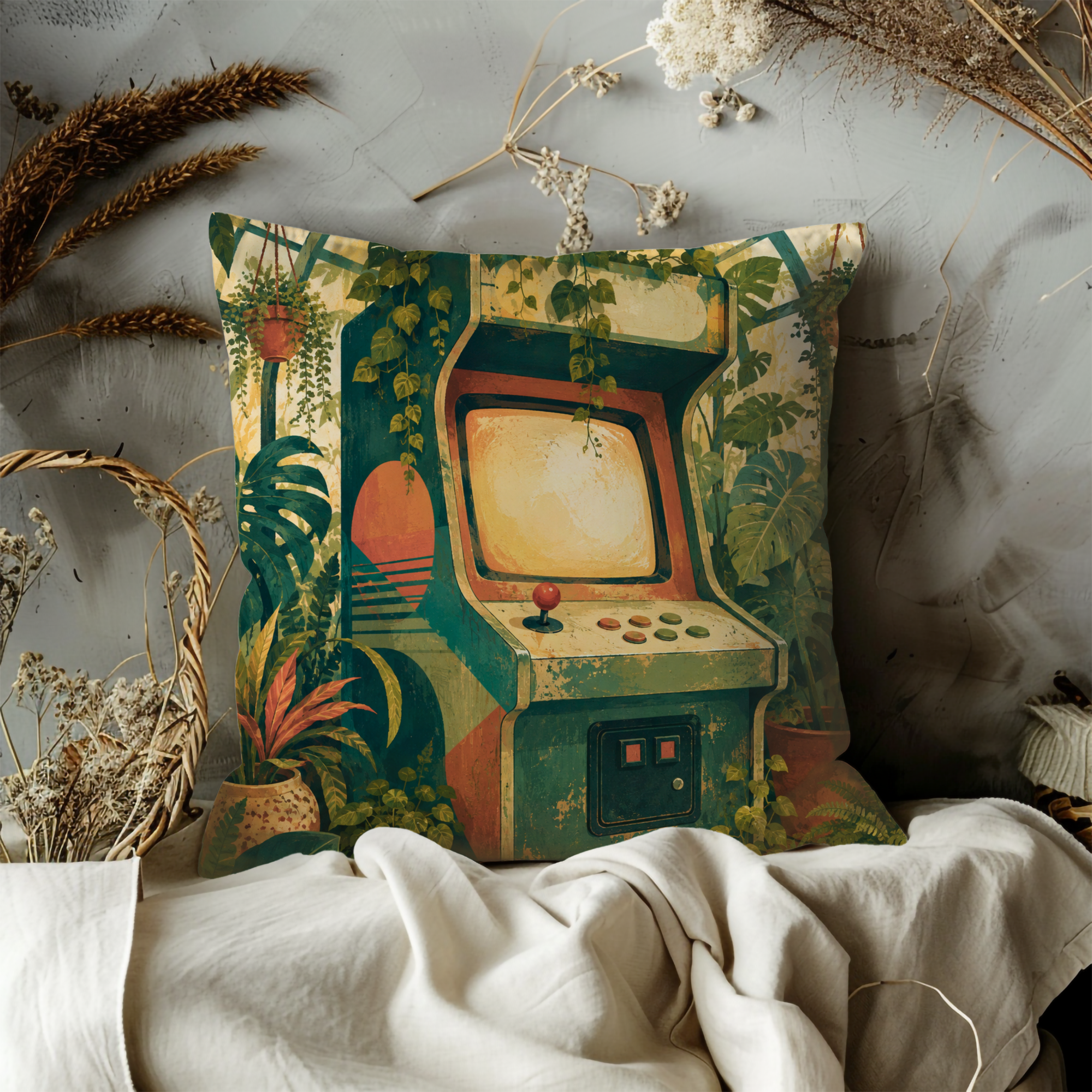 Arcade Cabinet Jungle Pillow Cover | Retro Gamer Art | Tropical Geek Decor