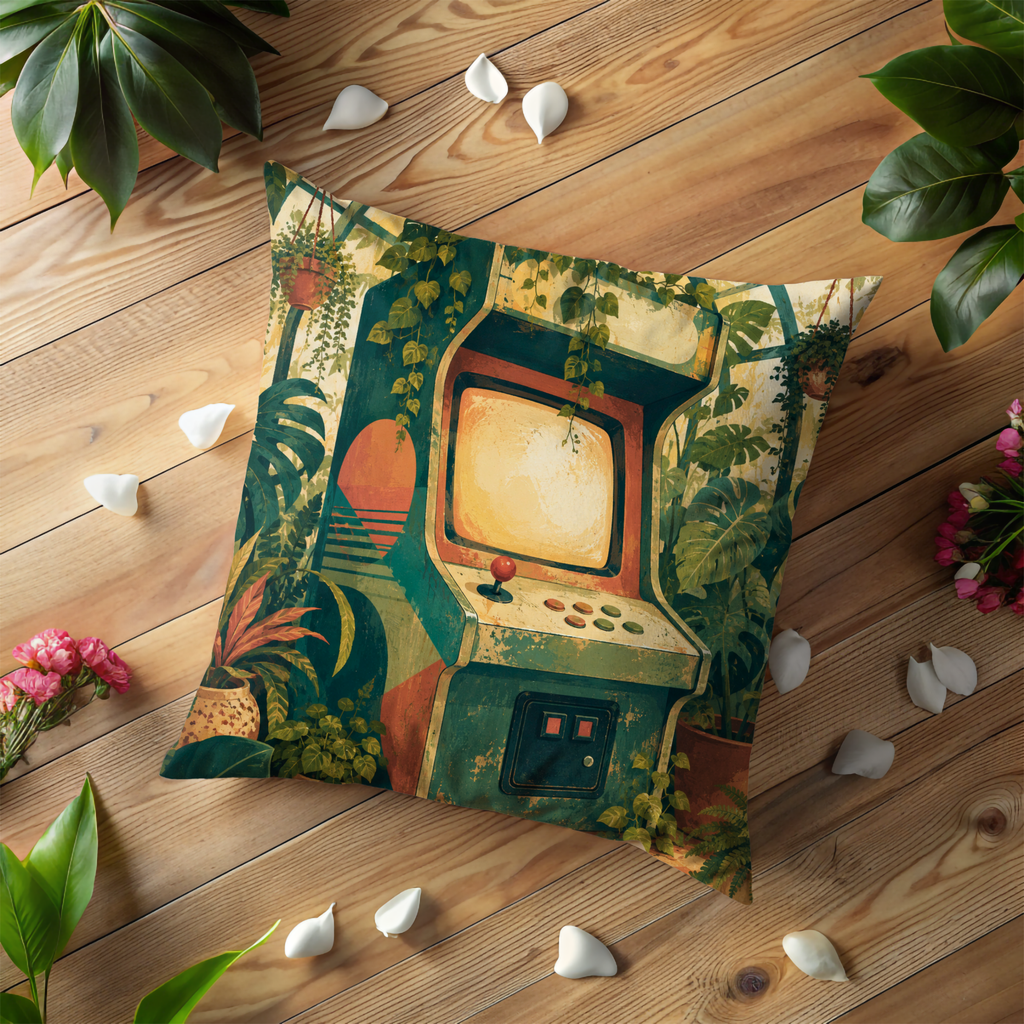 Arcade Cabinet Jungle Pillow Cover | Retro Gamer Art | Tropical Geek Decor