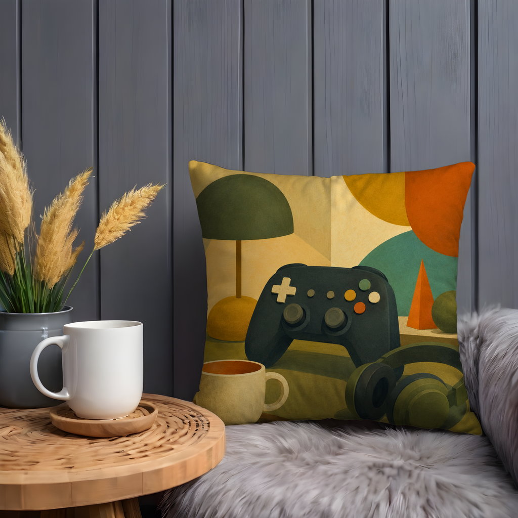 Game Controller Desk Still Life Pillow Cover | Modern Gamer Art | Cozy Geek Decor