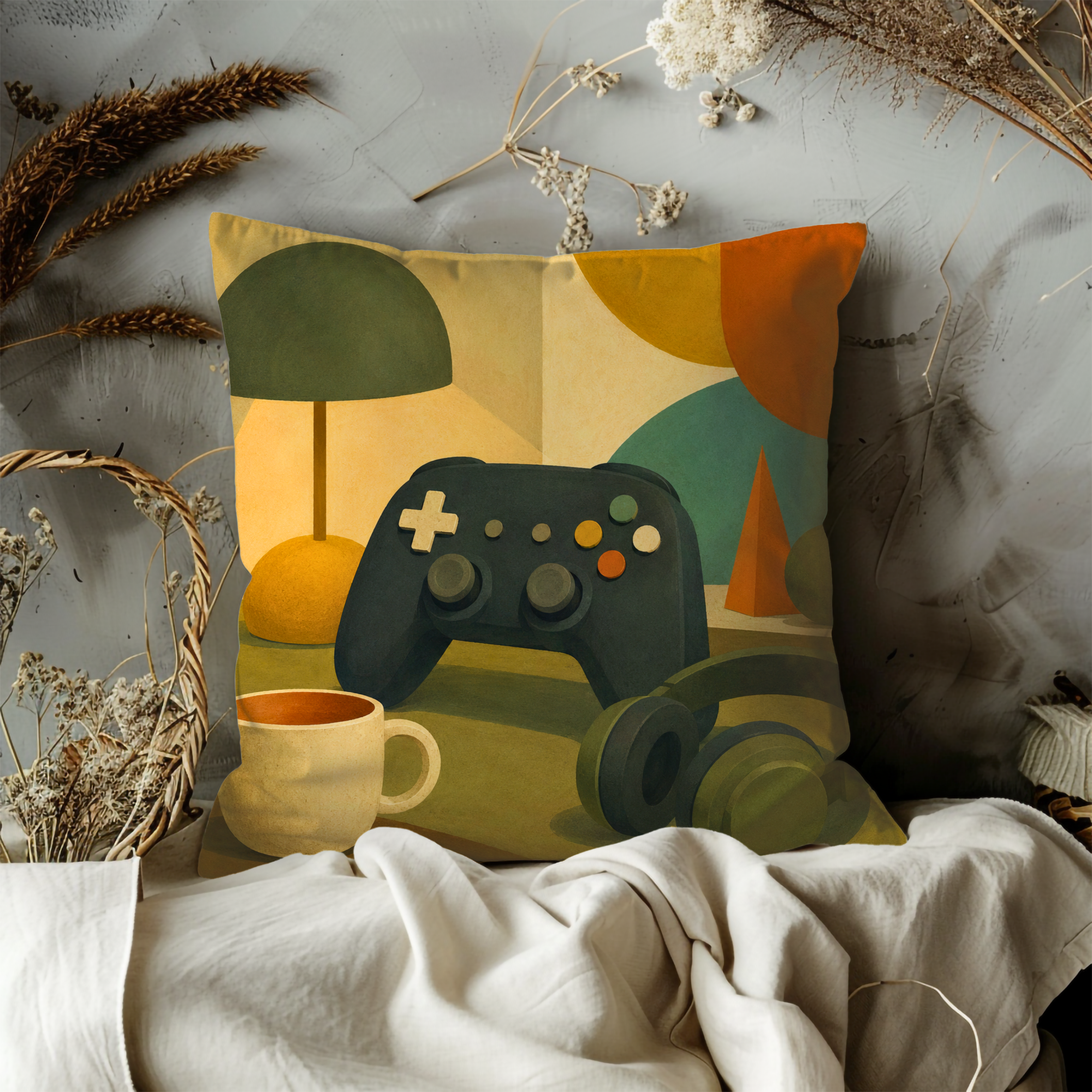Game Controller Desk Still Life Pillow Cover | Modern Gamer Art | Cozy Geek Decor