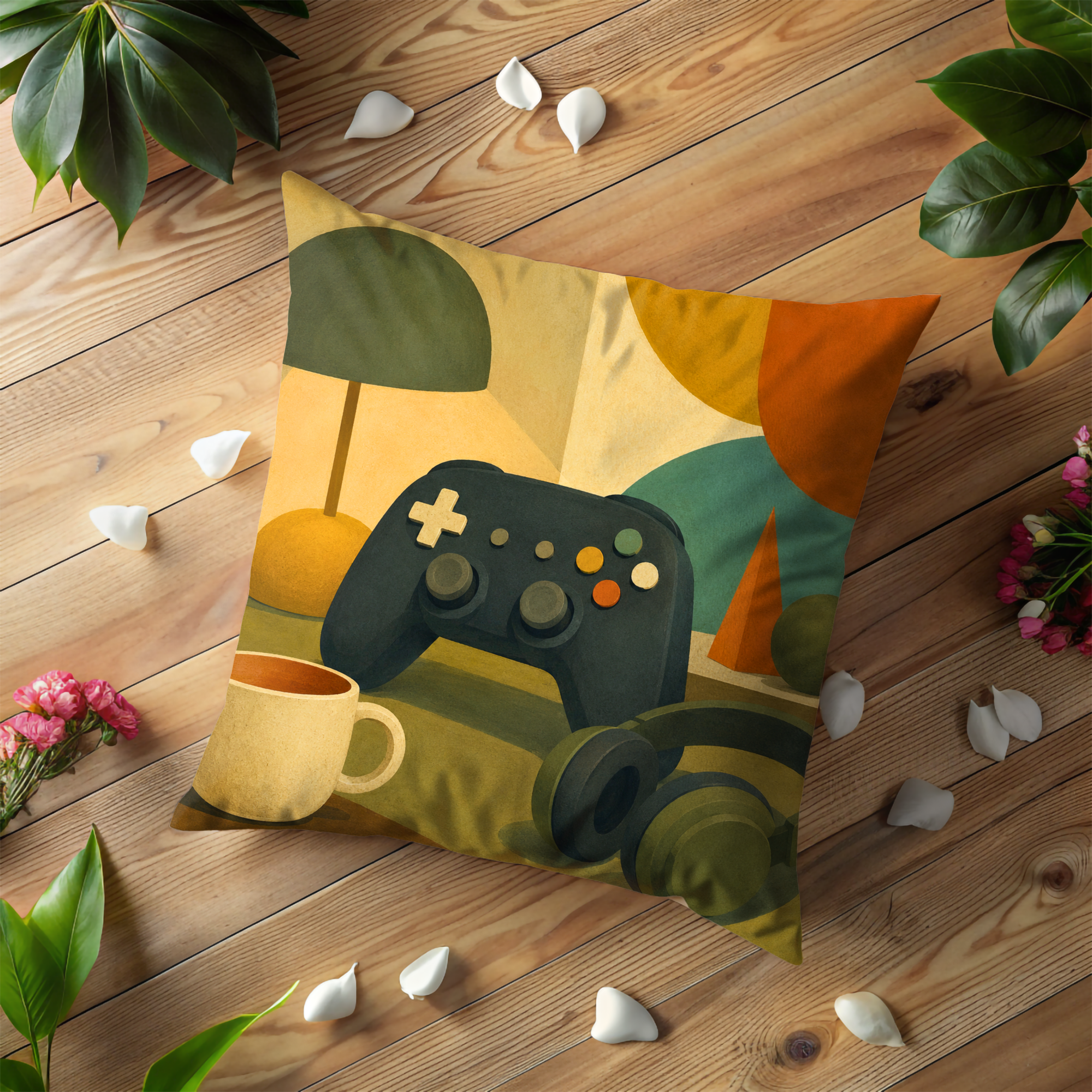 Game Controller Desk Still Life Pillow Cover | Modern Gamer Art | Cozy Geek Decor