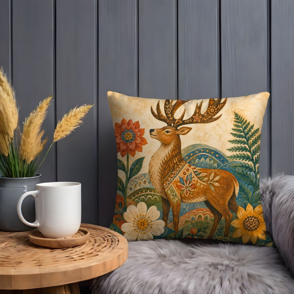 Folk Deer Floral Antlers Pillow Cover | Scandinavian Folk Art | Cozy Nature Decor