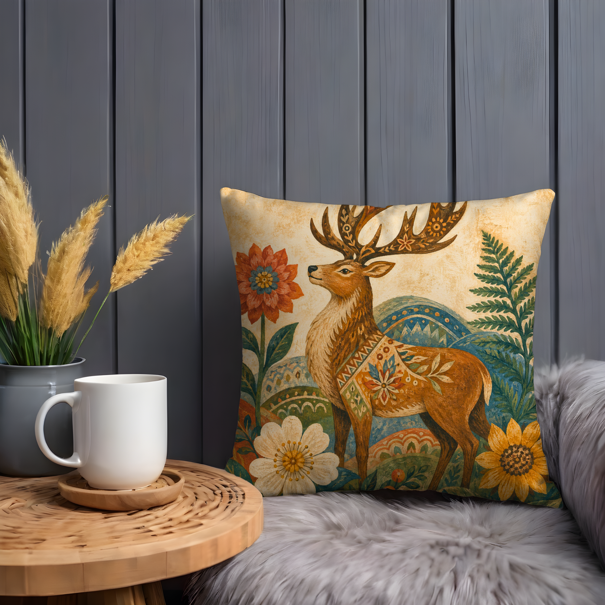 Folk Deer Floral Antlers Pillow Cover | Scandinavian Folk Art | Cozy Nature Decor