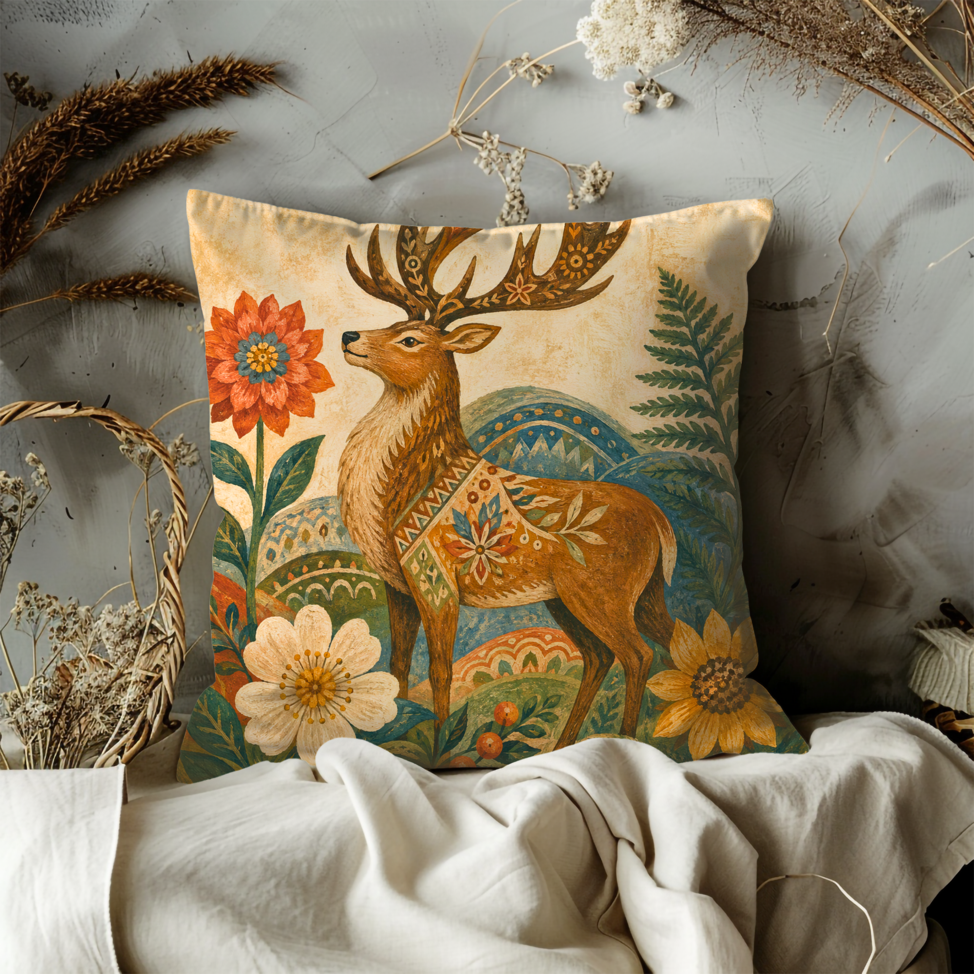 Folk Deer Floral Antlers Pillow Cover | Scandinavian Folk Art | Cozy Nature Decor