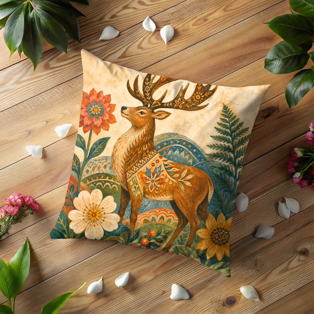 Folk Deer Floral Antlers Pillow Cover | Scandinavian Folk Art | Cozy Nature Decor