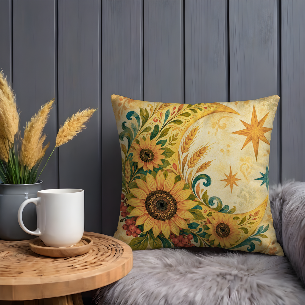 Sunflower Crescent Moon Pillow Cover | Folk Harvest Art | Cozy Autumn Decor