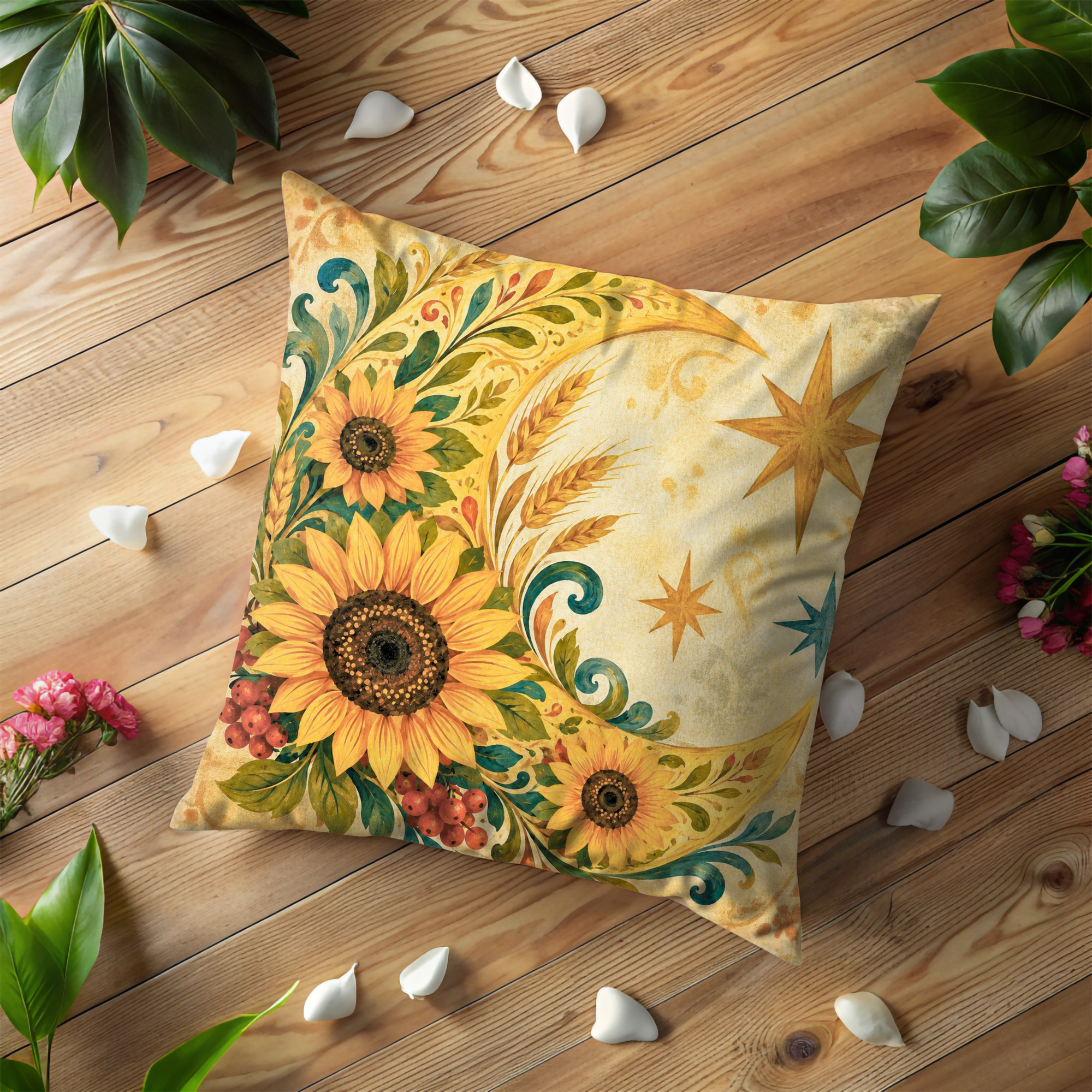 Sunflower Crescent Moon Pillow Cover | Folk Harvest Art | Cozy Autumn Decor