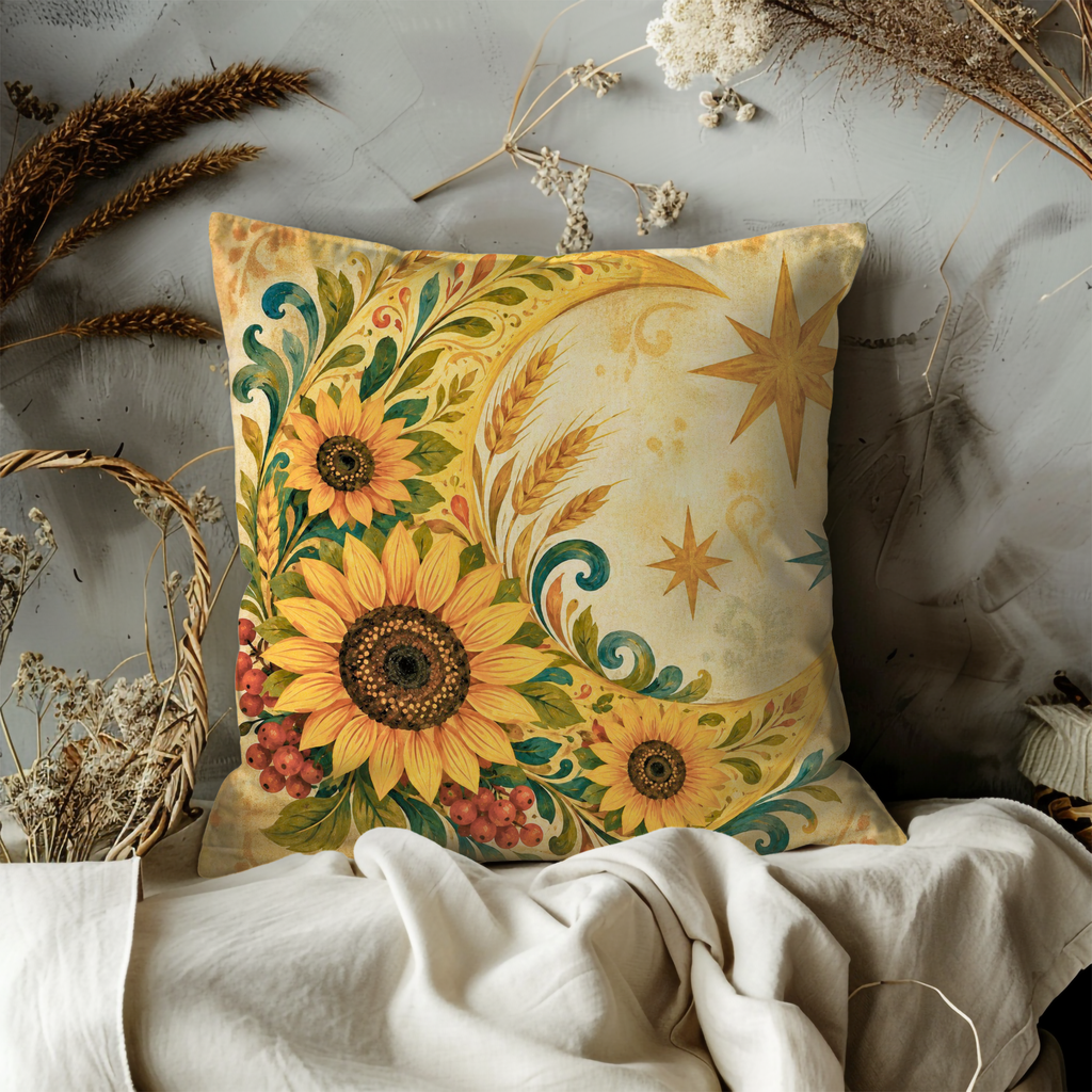 Sunflower Crescent Moon Pillow Cover | Folk Harvest Art | Cozy Autumn Decor