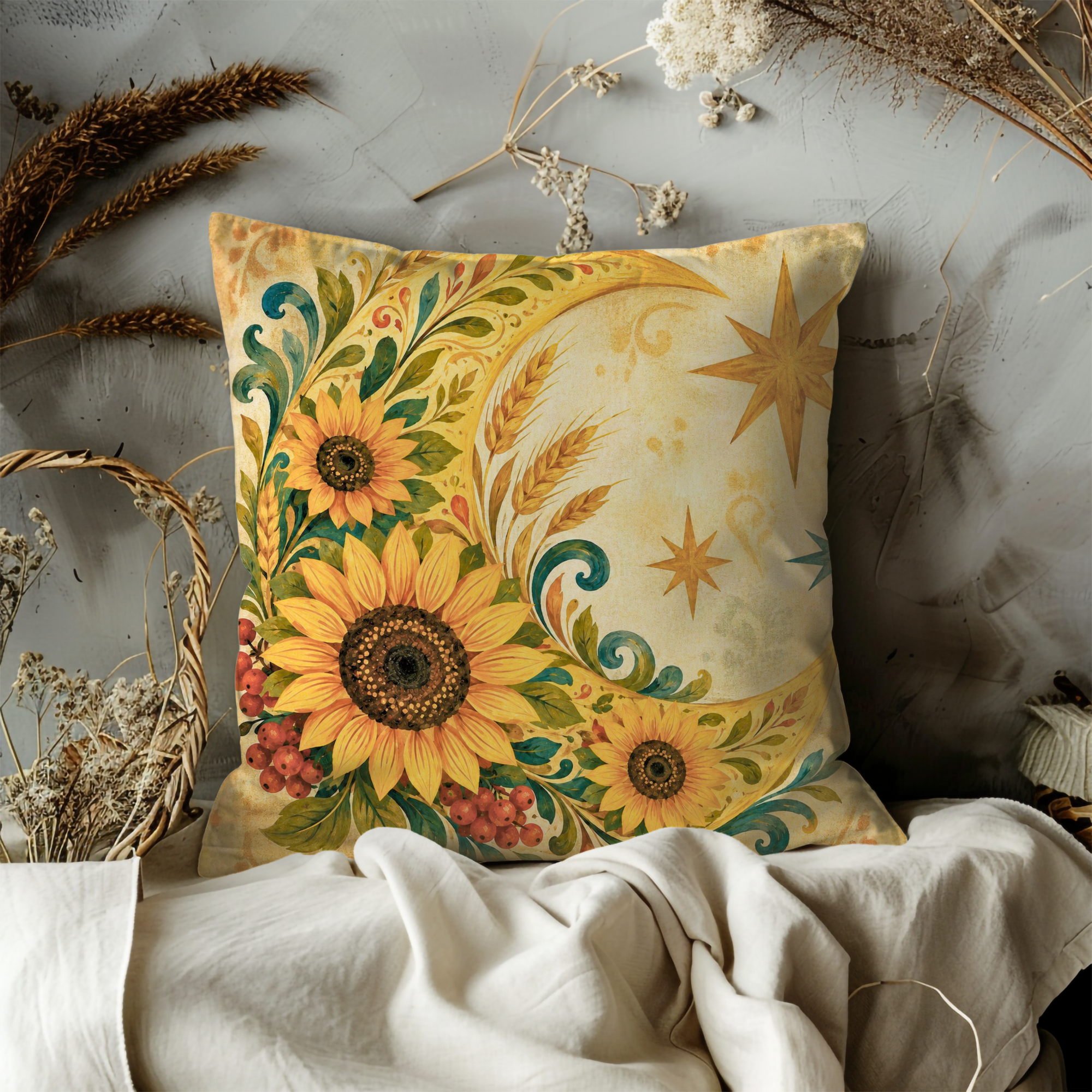 Sunflower Crescent Moon Pillow Cover | Folk Harvest Art | Cozy Autumn Decor