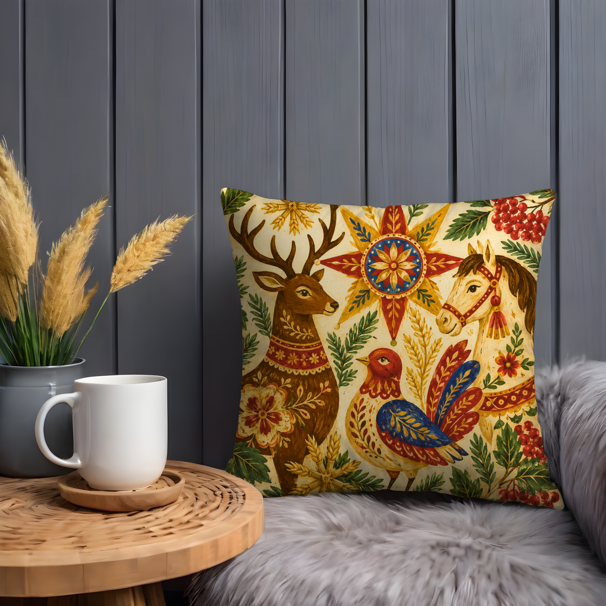 Folk Deer Horse Rooster Pillow Cover | Traditional Folk Art | Cozy Harvest Decor