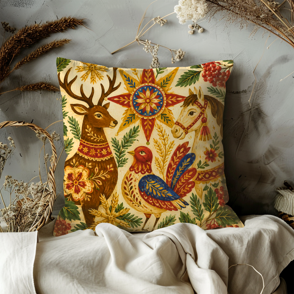 Folk Deer Horse Rooster Pillow Cover | Traditional Folk Art | Cozy Harvest Decor