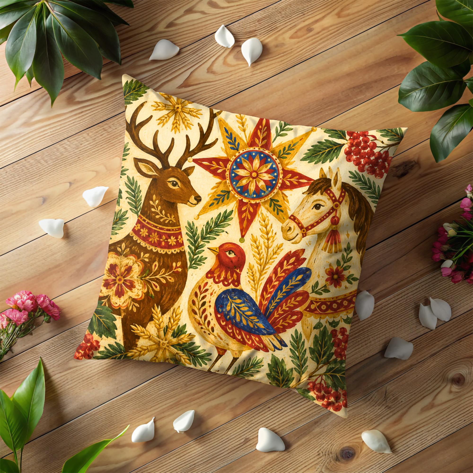 Folk Deer Horse Rooster Pillow Cover | Traditional Folk Art | Cozy Harvest Decor