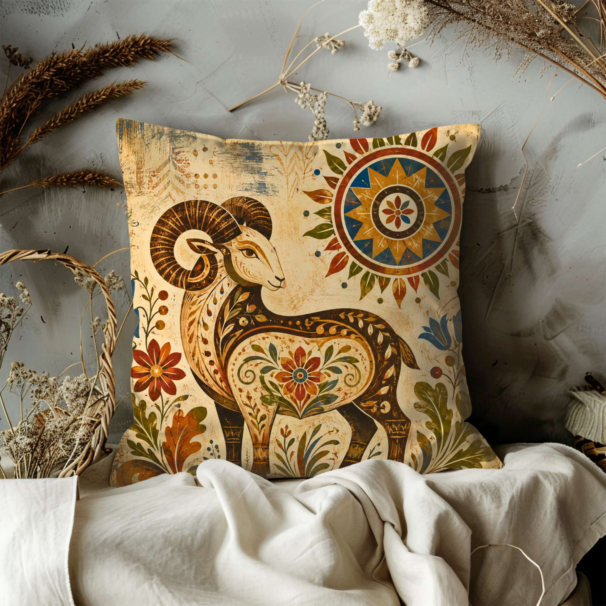 Folk Ram Sun Motif Pillow Cover | Traditional Folk Art | Cozy Nature Decor