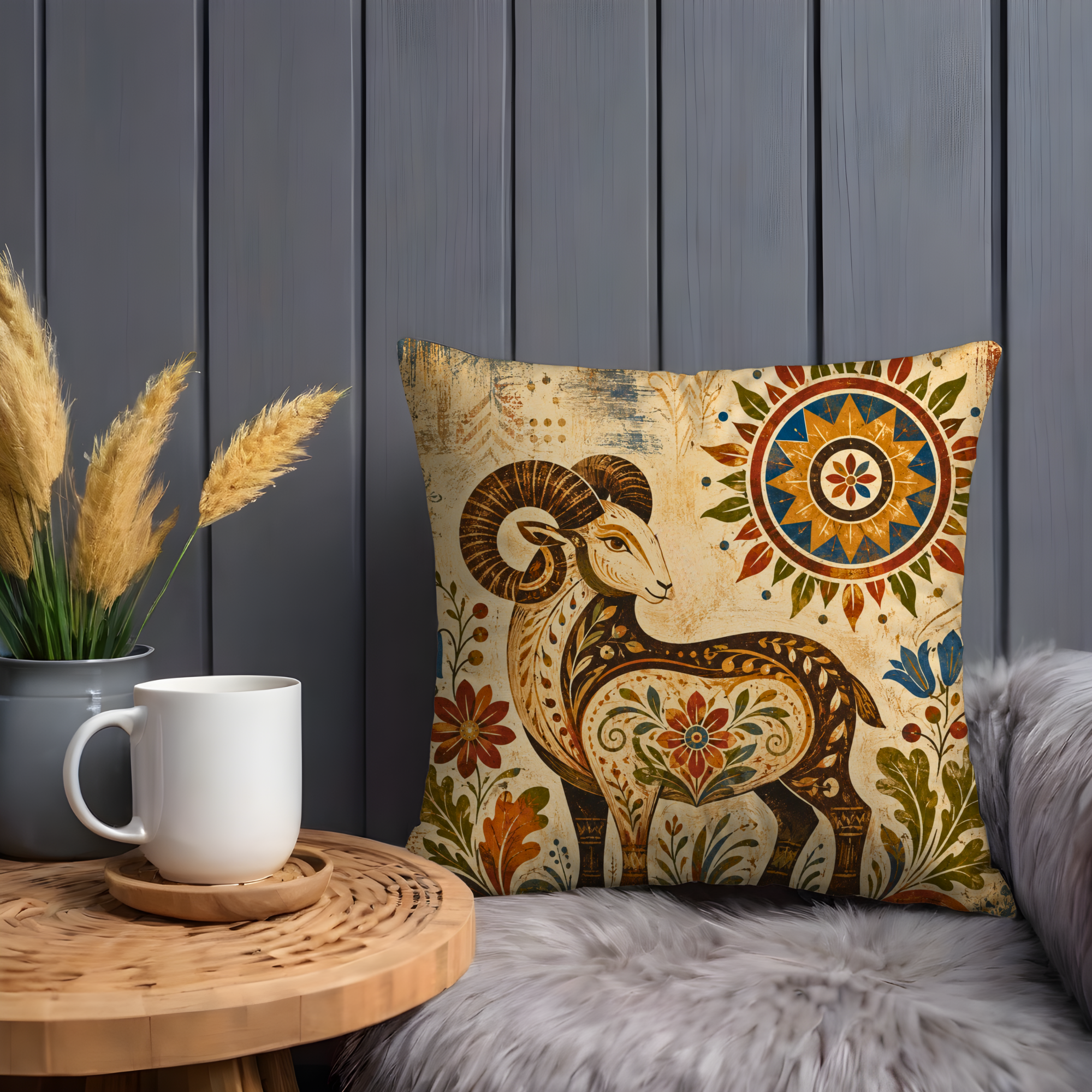 Folk Ram Sun Motif Pillow Cover | Traditional Folk Art | Cozy Nature Decor