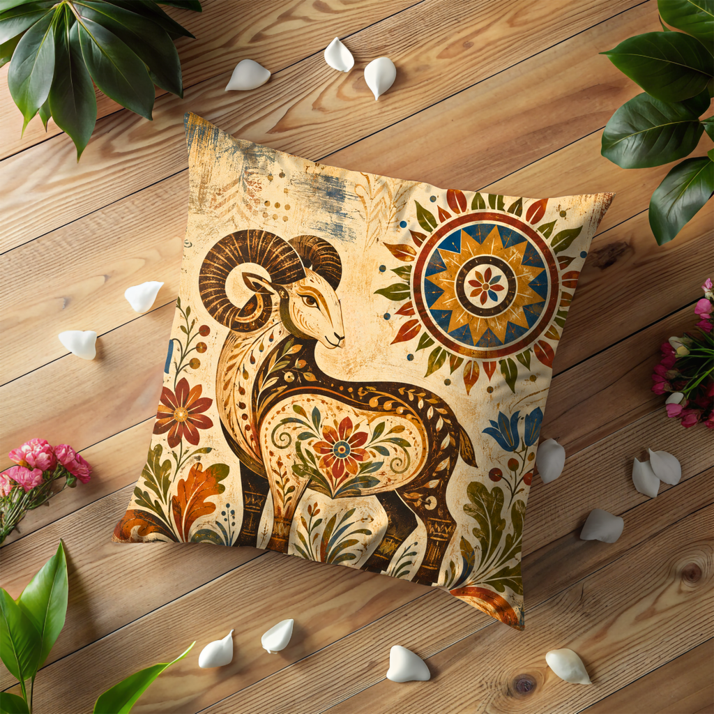 Folk Ram Sun Motif Pillow Cover | Traditional Folk Art | Cozy Nature Decor