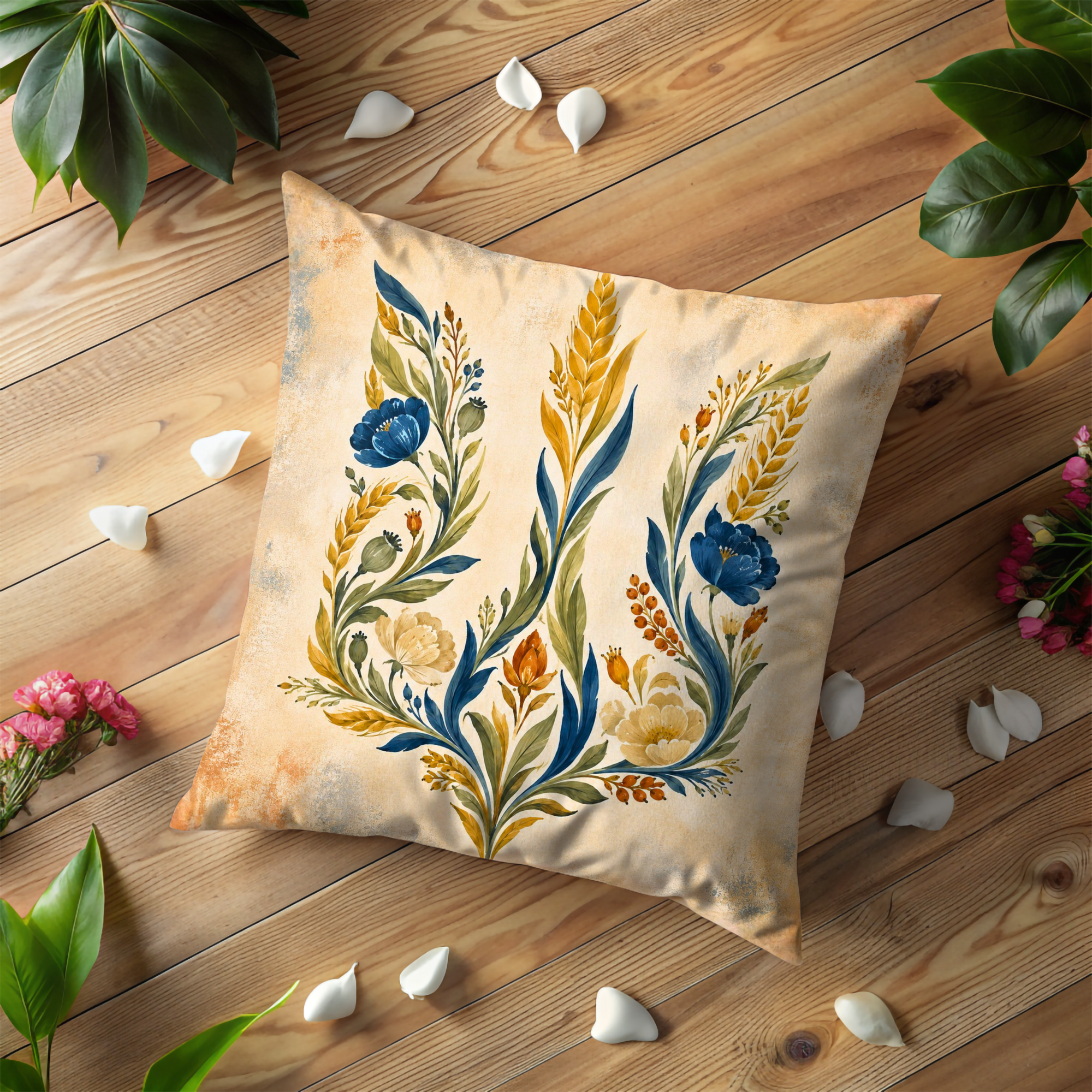 Ukrainian Tryzub Floral Wheat Pillow Cover | National Folk Art | Patriotic Harvest Decor