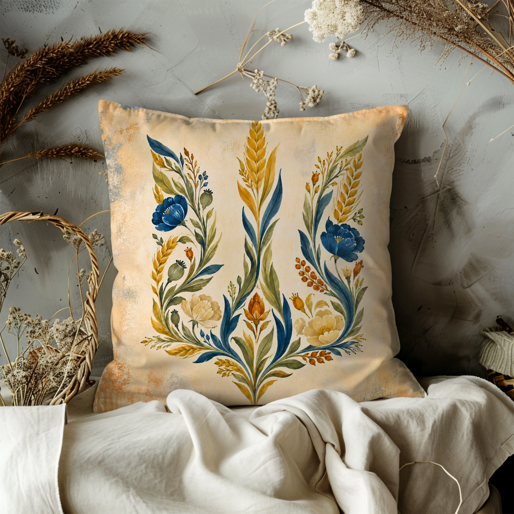 Ukrainian Tryzub Floral Wheat Pillow Cover | National Folk Art | Patriotic Harvest Decor