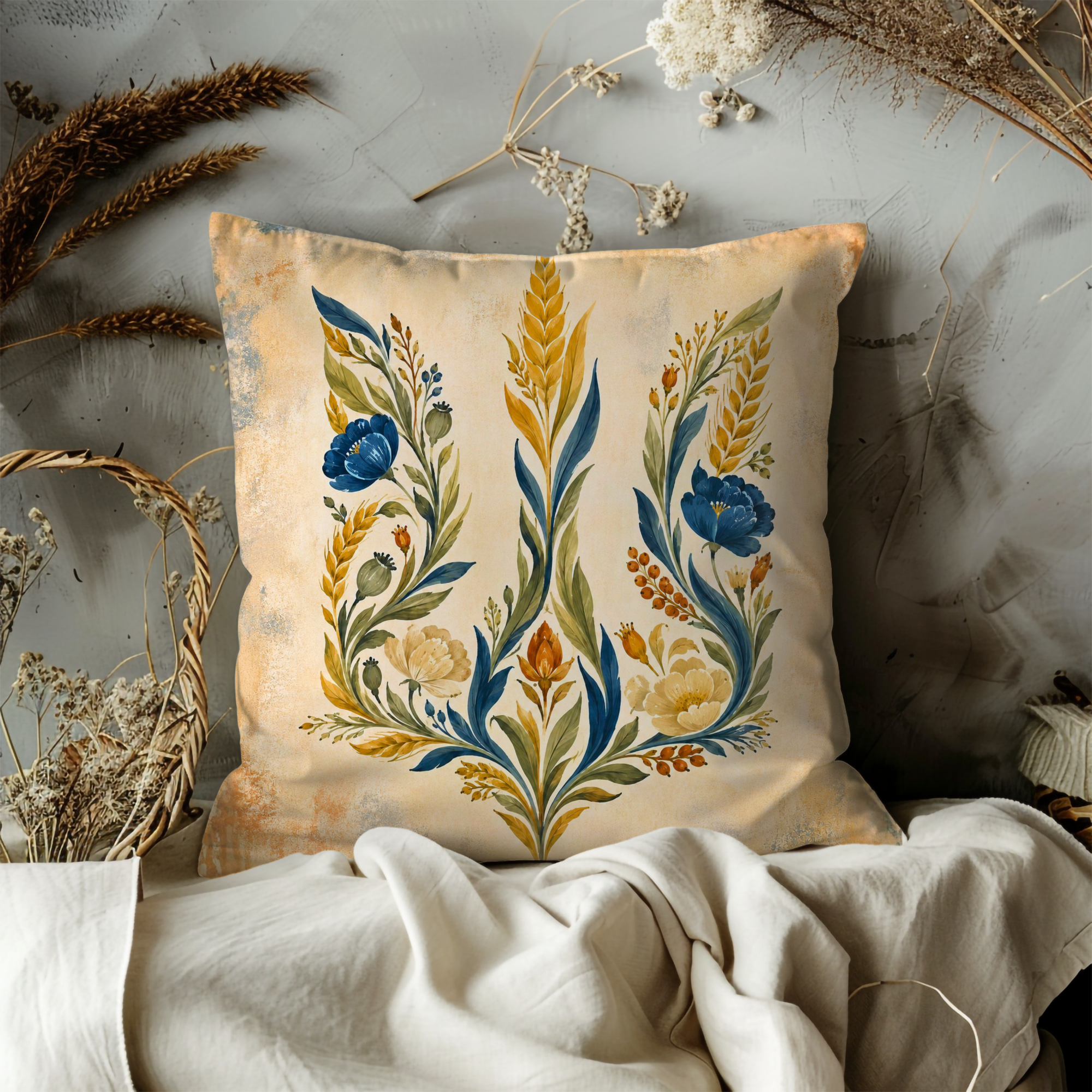 Ukrainian Tryzub Floral Wheat Pillow Cover | National Folk Art | Patriotic Harvest Decor