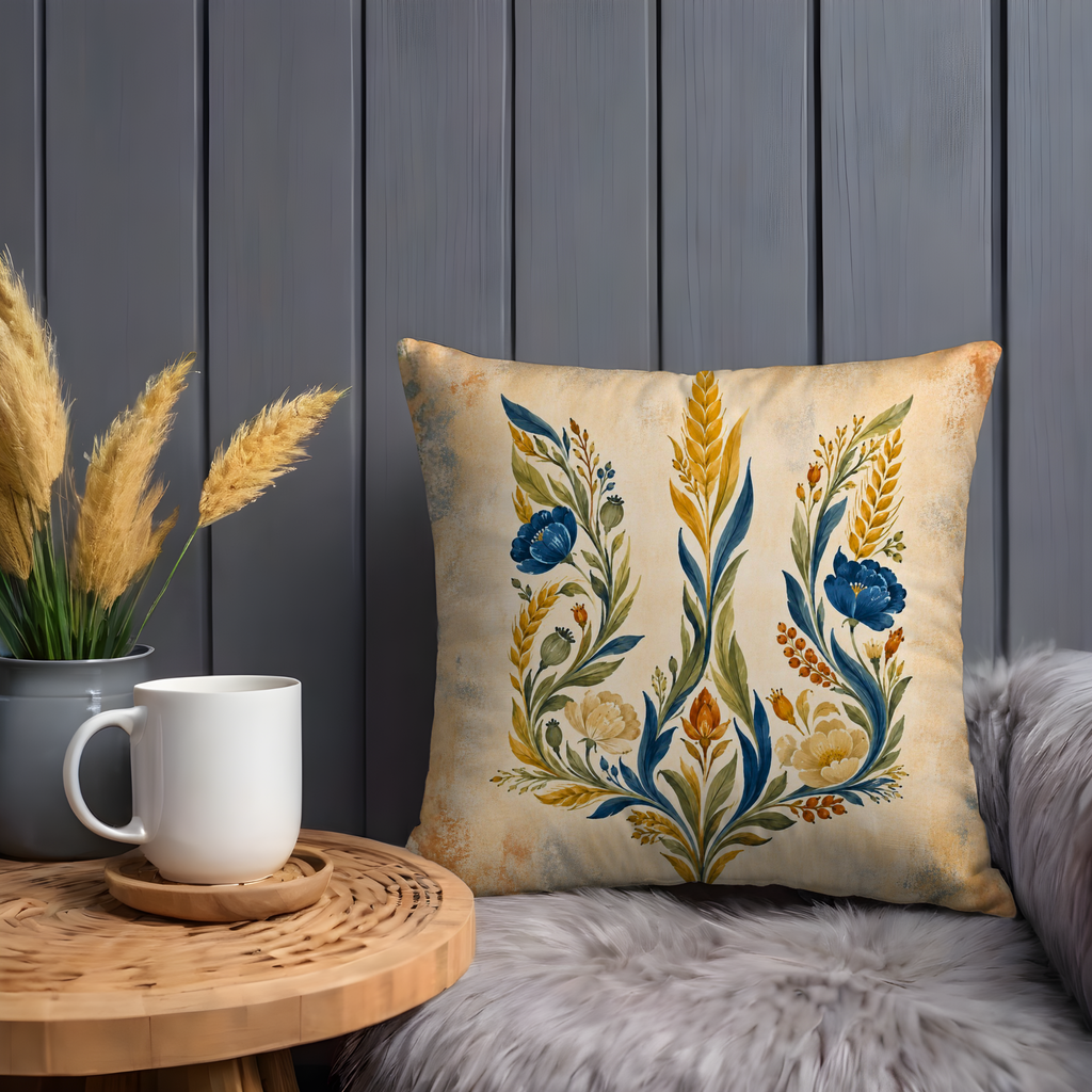 Ukrainian Tryzub Floral Wheat Pillow Cover | National Folk Art | Patriotic Harvest Decor