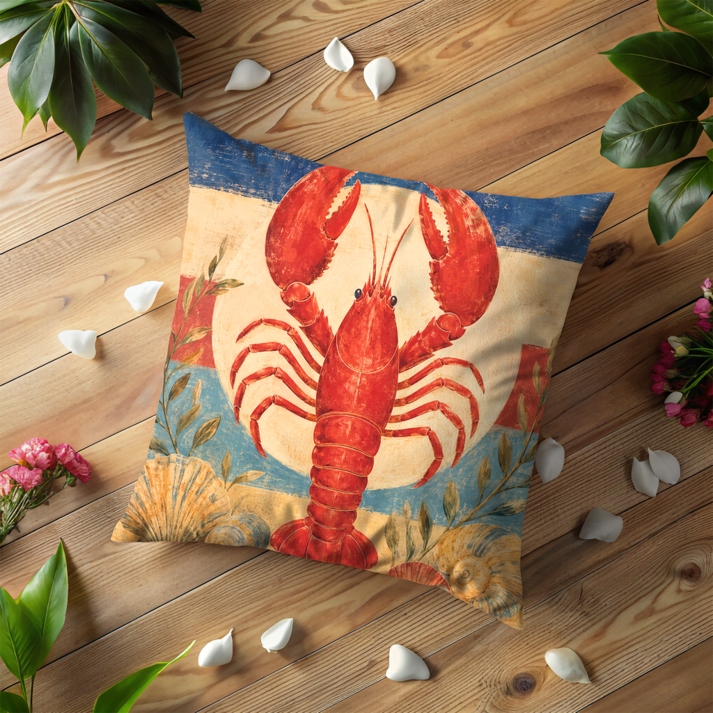 Red Lobster Coastal Pillow Cover | Nautical Seafood Art | Beach House Decor