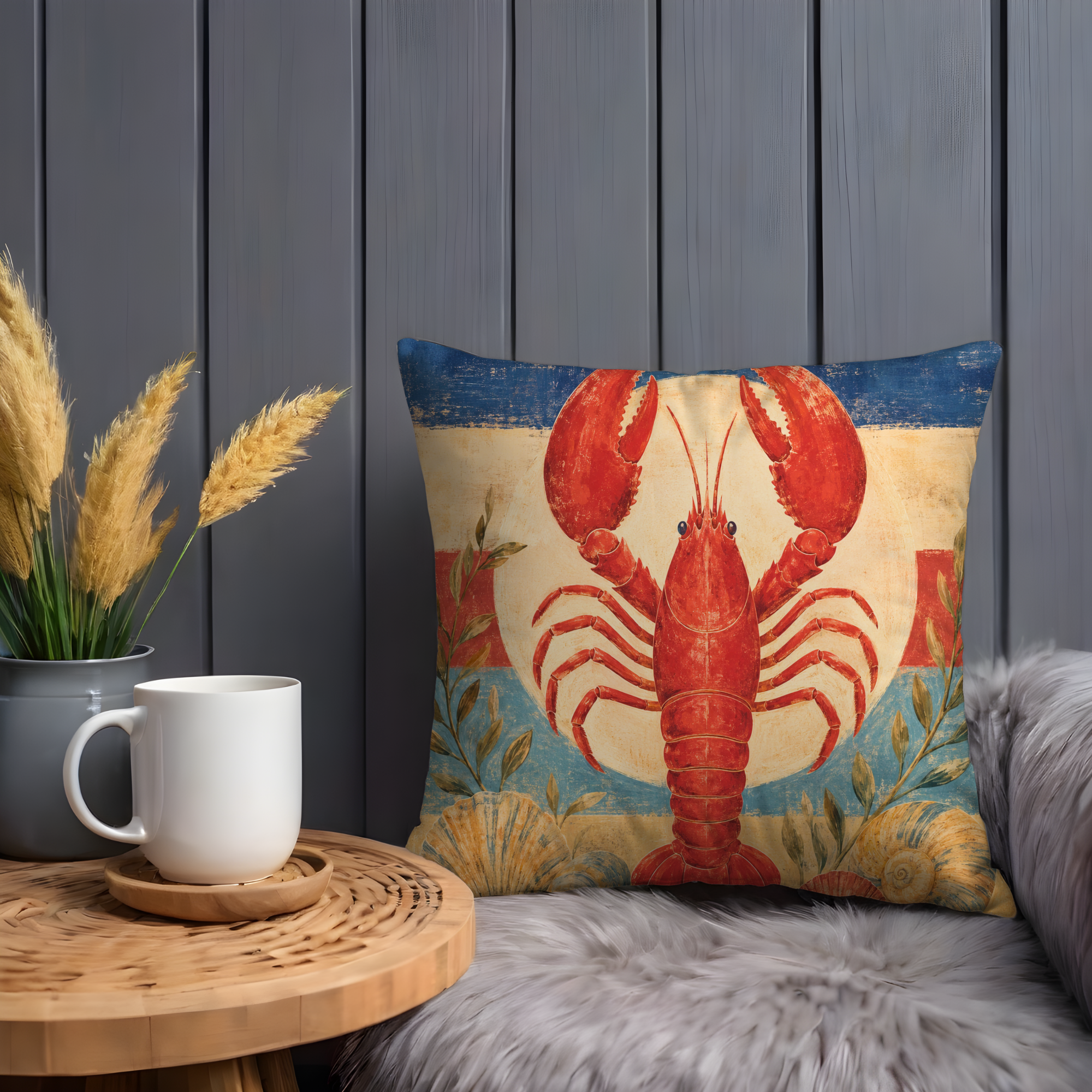 Red Lobster Coastal Pillow Cover | Nautical Seafood Art | Beach House Decor